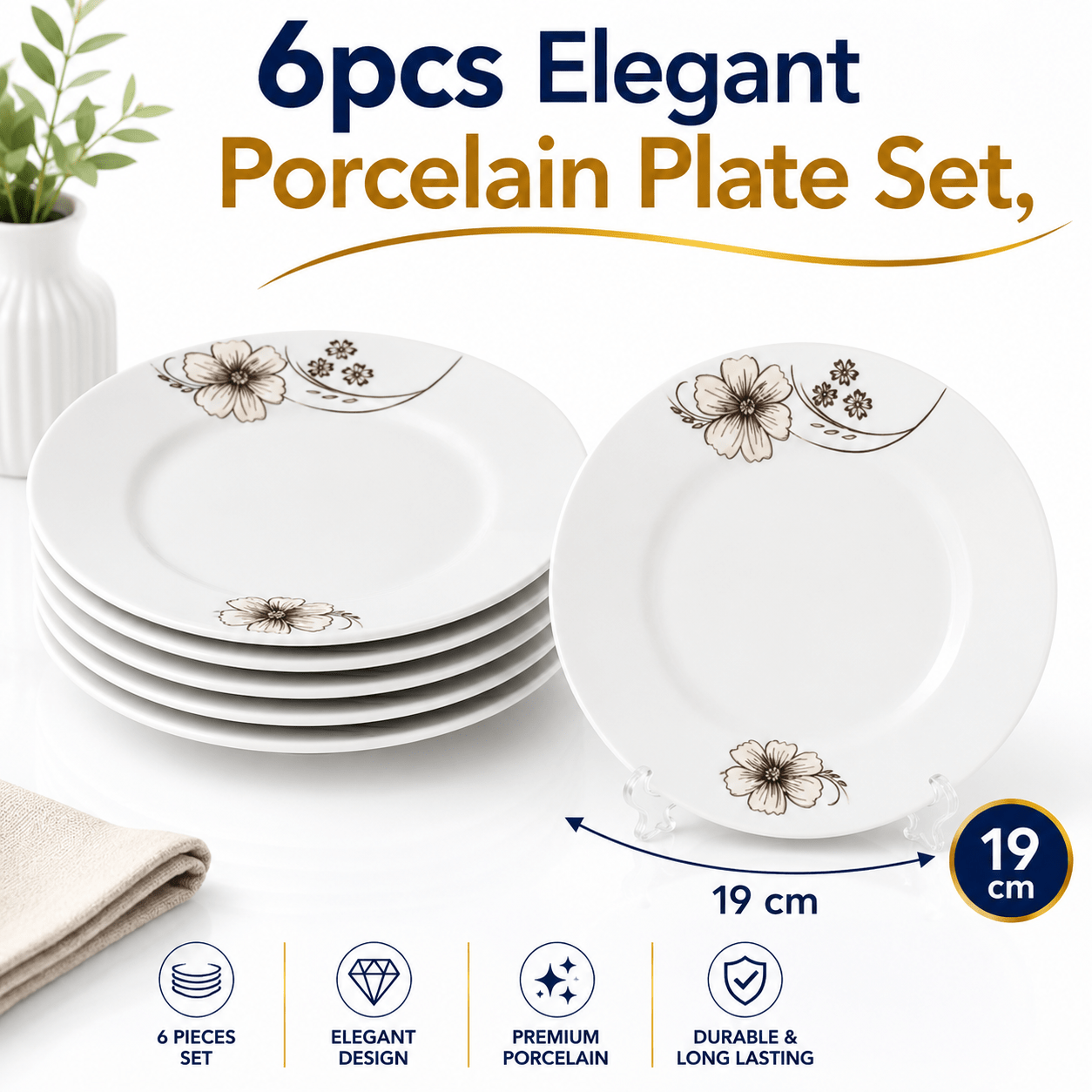 TEMU 6pcs Elegant Porcelain Plate Set, Vintage Floral Rim White Plates, Durable Serving Plates, Modern Tableware Collection For Home