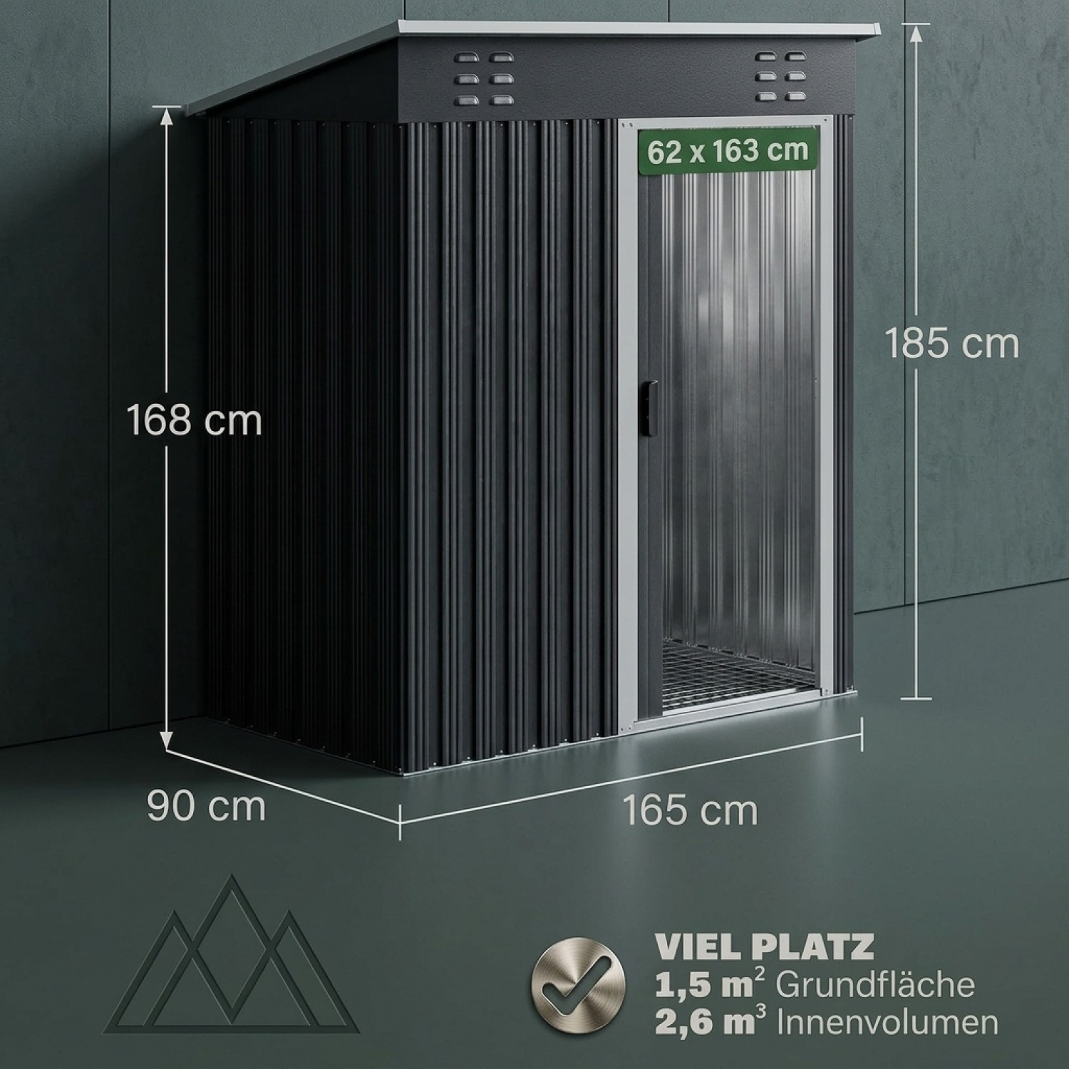 TEMU Abri de jardin 185x165x90cm 1,5m² avec porte coulissante, support 20kg, ventilation, toit à pans en métal inoxydable