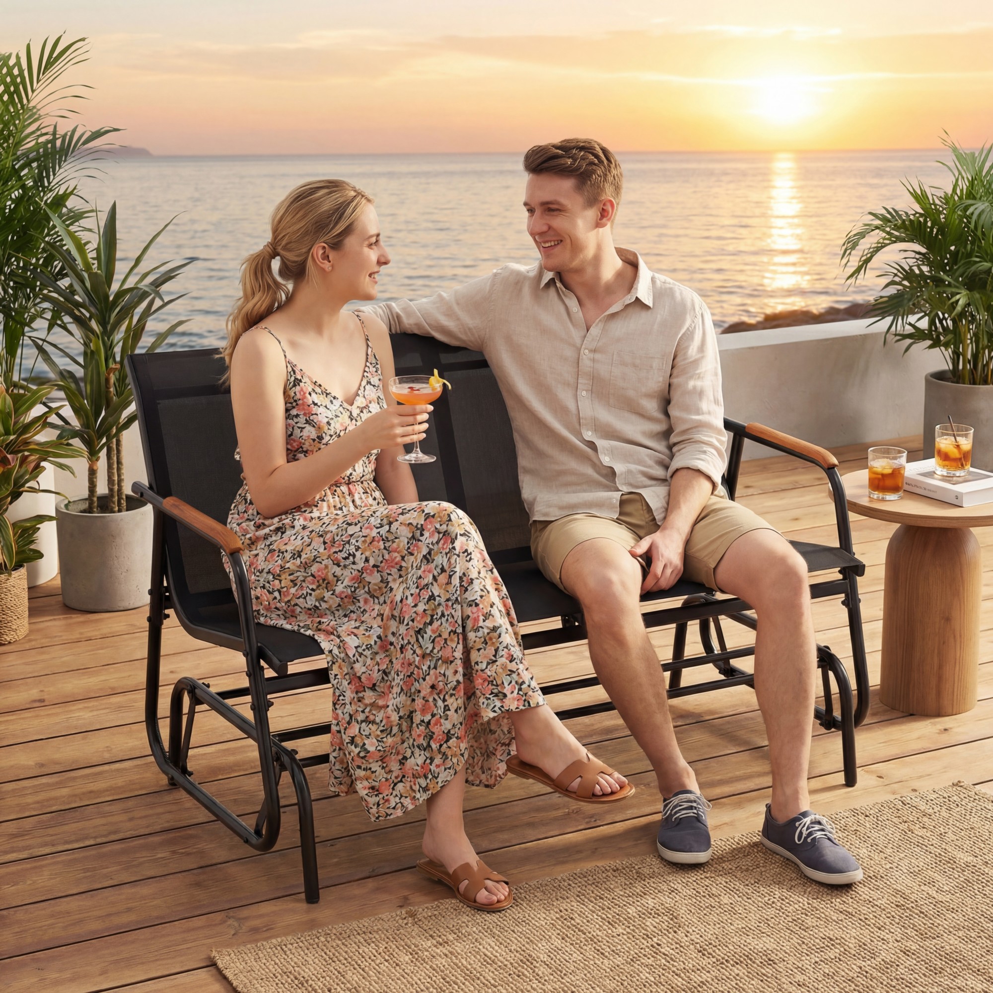 Image of 2-person Outdoor Glider Bench, Patio Gliding Loveseat With Teak Wood Armrests And Metal Frame, Swing Rocking Chair