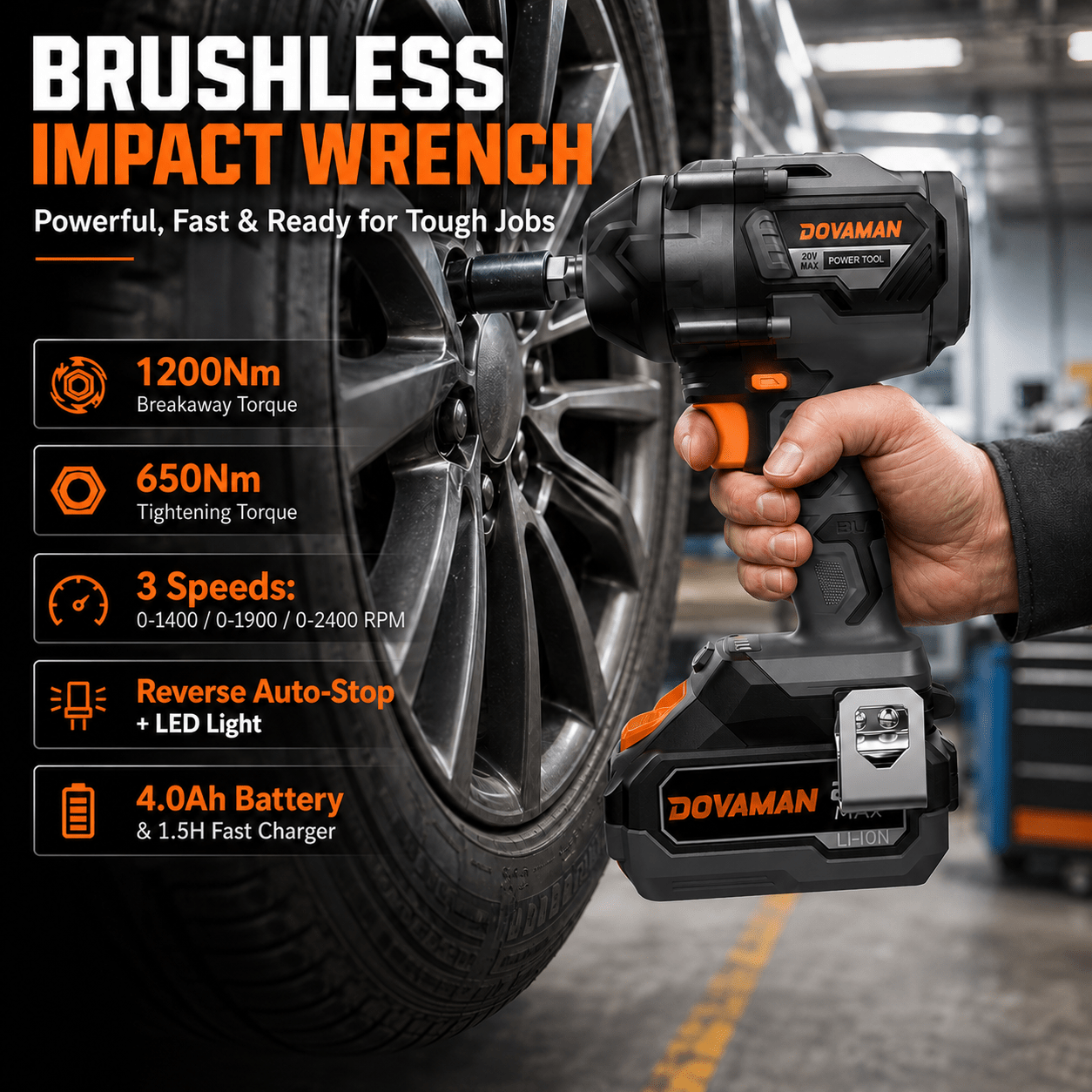 Dovaman 20v Cordless Impact Wrench – 1/2" Drive, 1200nm High-torque Brushless Motor, Includes 4.0ah Battery, 5 Sockets & Fast Charger, Built For Car Repairs & Maintenance
