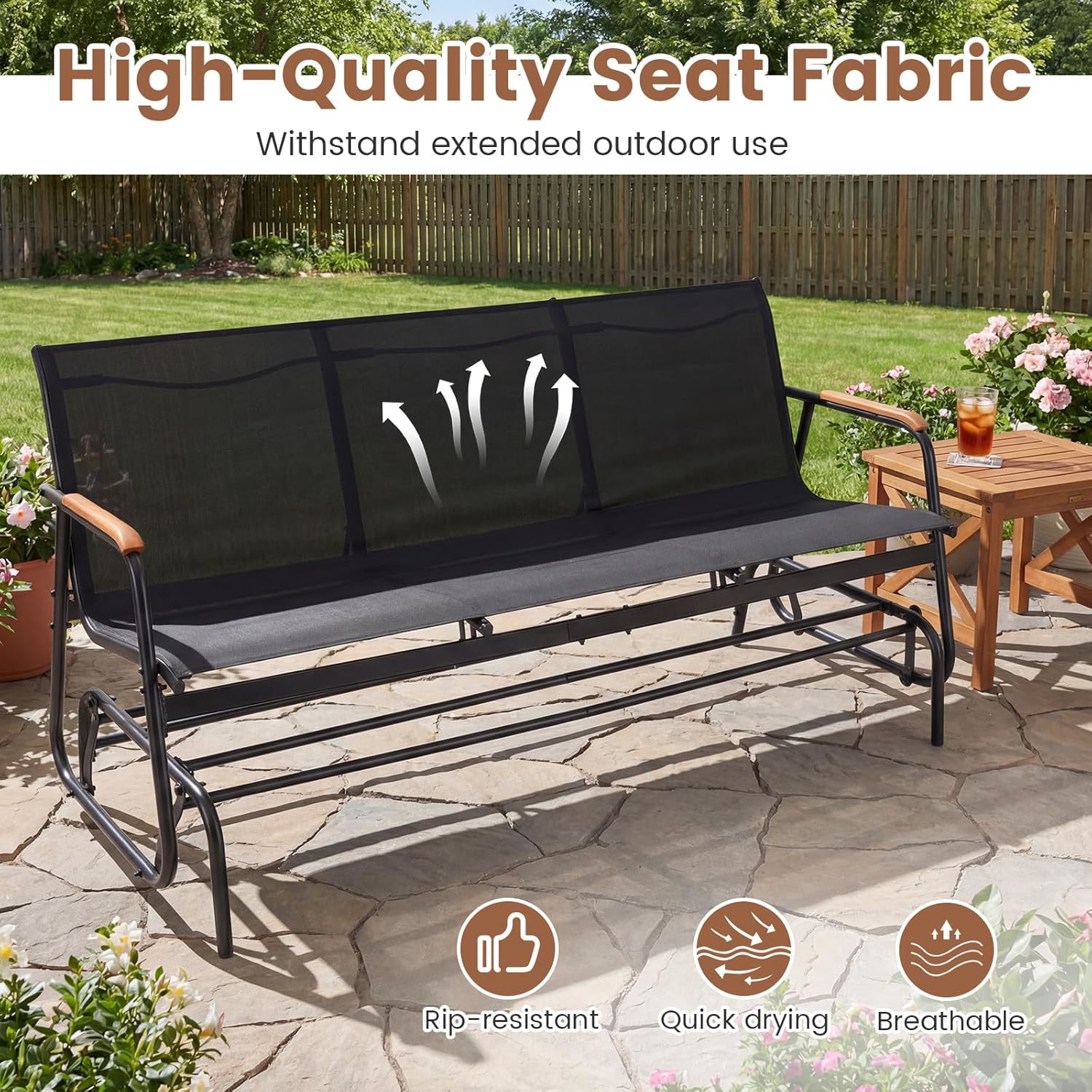 Image of 3-person Outdoor Glider Bench, Patio Gliding Loveseat With Teak Wood Armrests And Metal Frame, Swing Rocking Chair