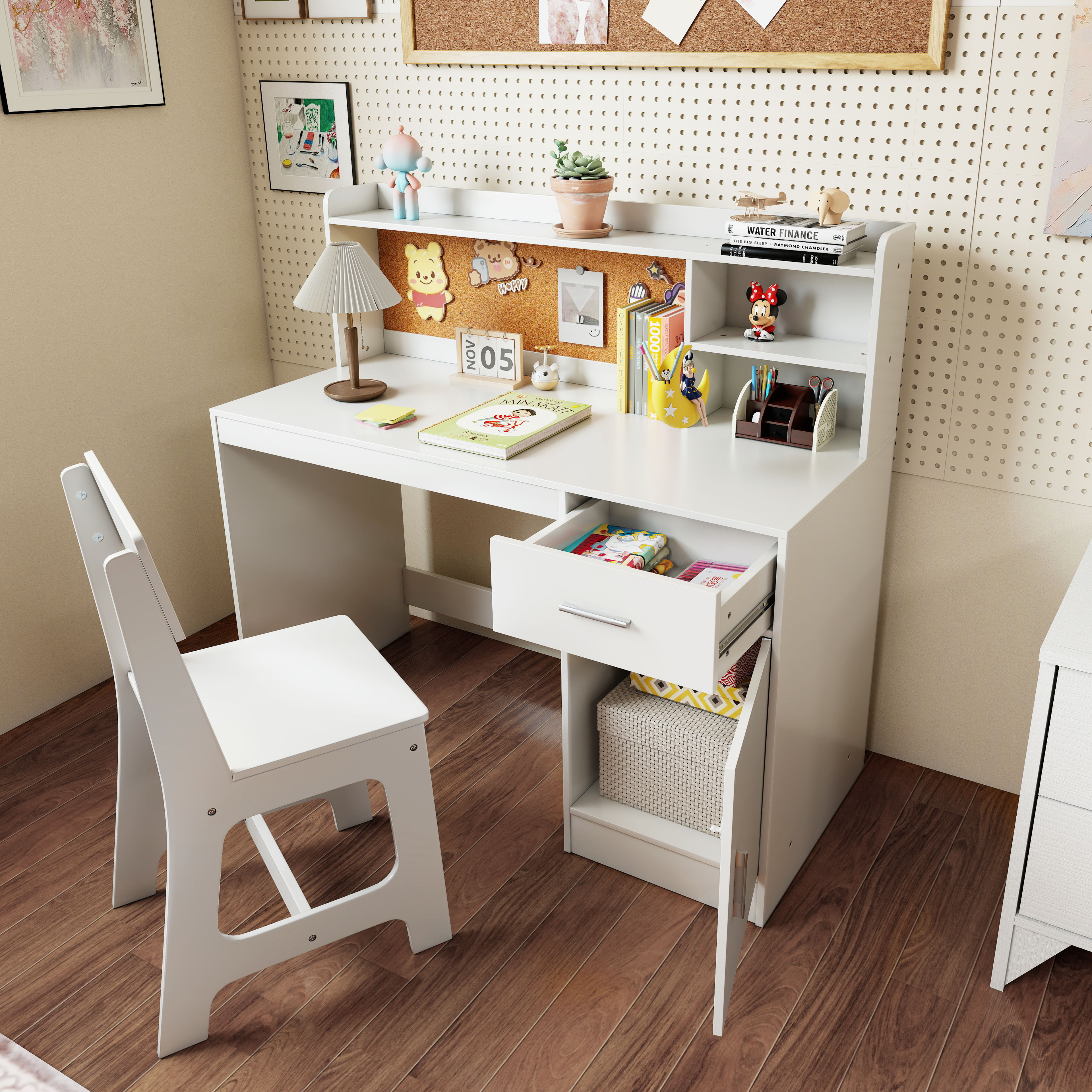 Image of Kids Study Desk And Chair Set, Wooden Children Writing Table With Shelves, Drawer, Storage Cabinet For 3+ Years Old, Gift For Boys Girls, Student Table And Chair For Bedroom, Home, School