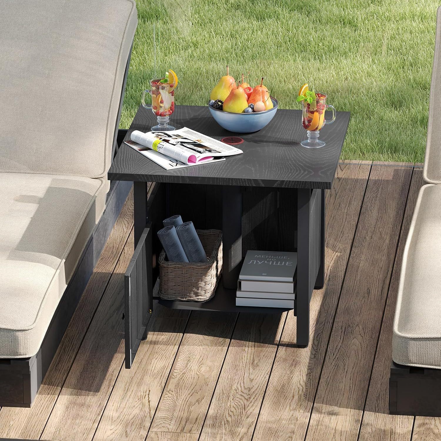Patio Square Umbrella Table With 2 Weight Bags, Metal Side Table With Umbrella Hole And Adjusting Knobs