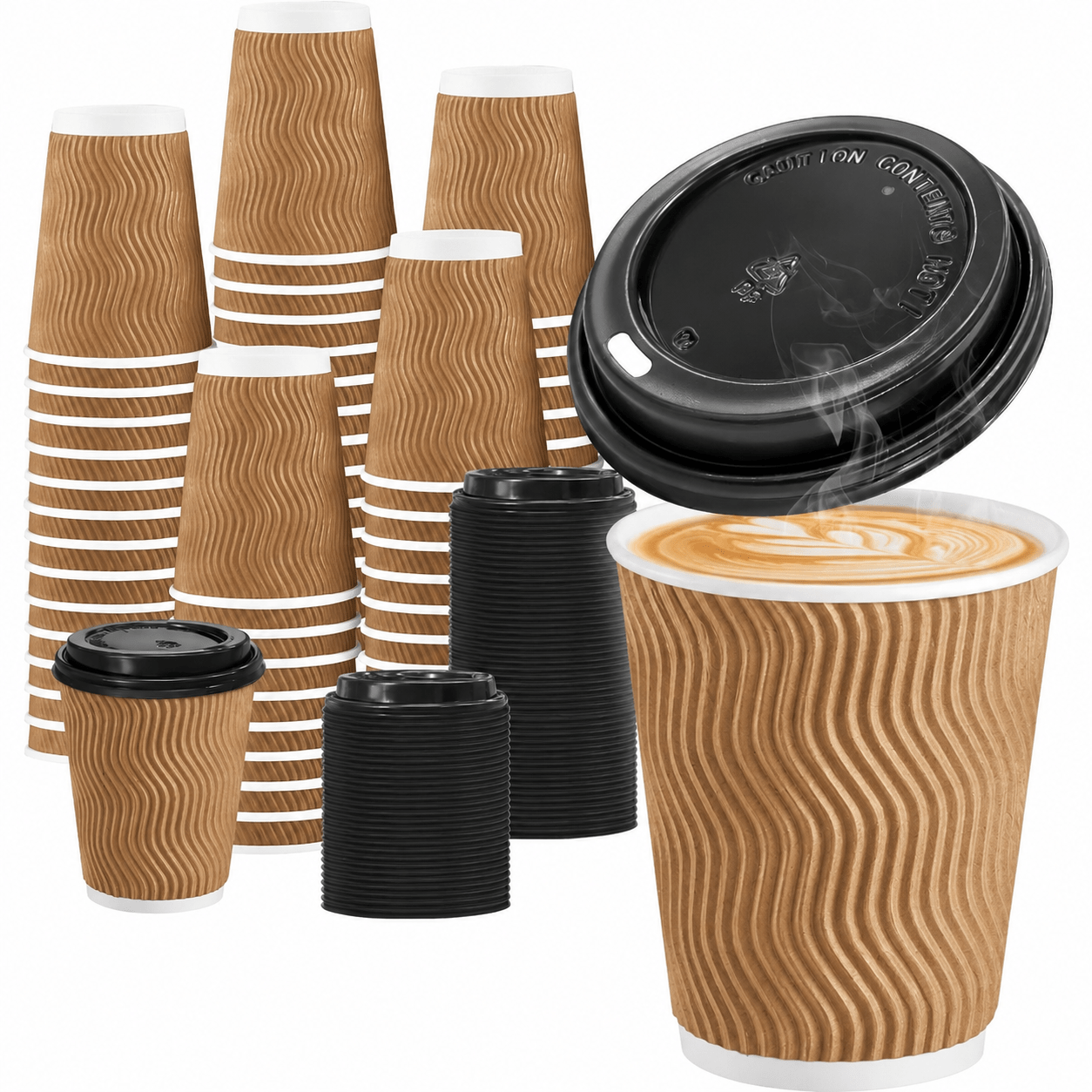 TEMU 50pcs (25 Cups+25 Lids) 8-ounce Brown Corrugated Coffee Cups With Lids, Disposable Insulated Hot Drink Corrugated Wallpaper Cups, Suitable For