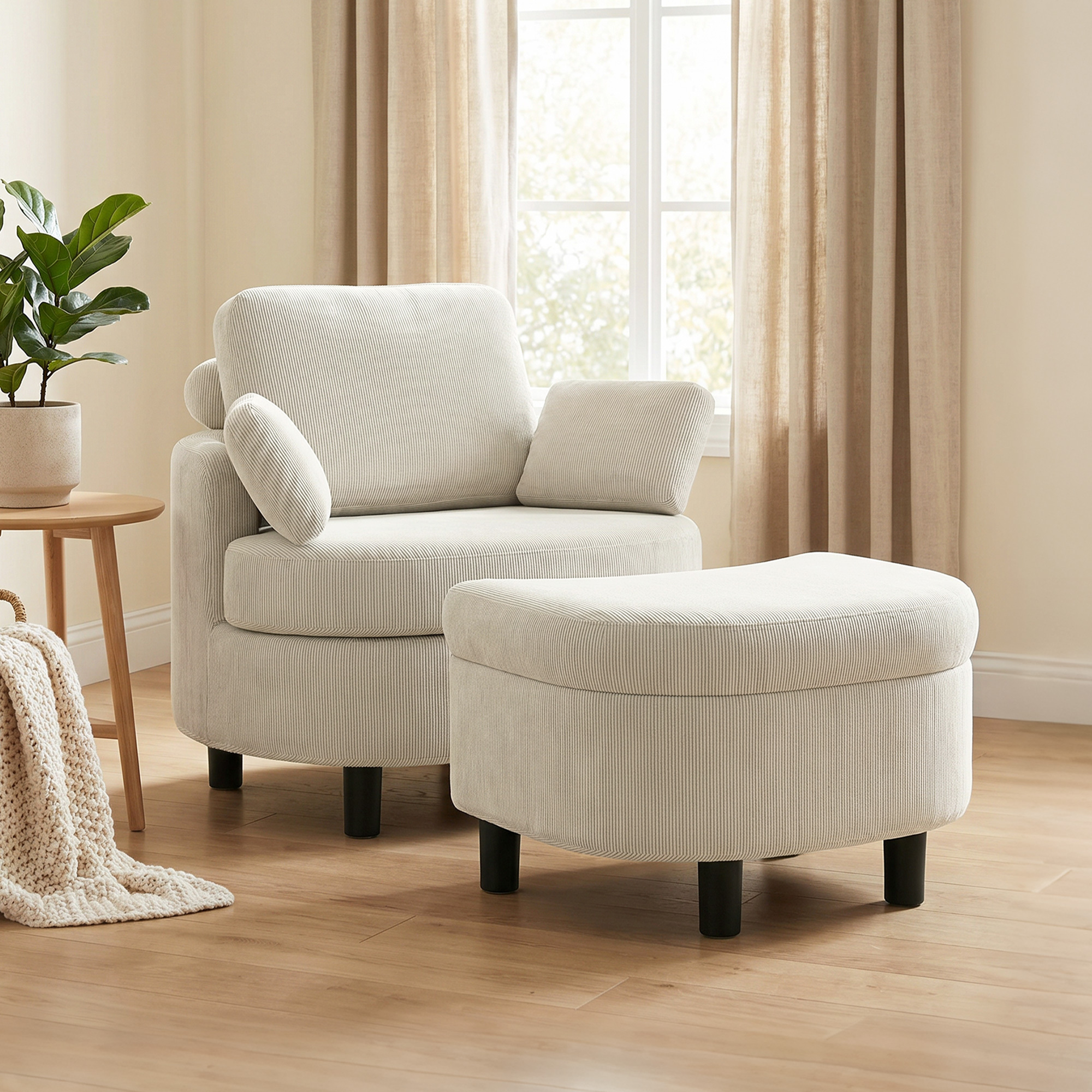 Image of Lounge Chair With Storage Ottoman, Adjustable Headrest, Upholstered Armchair With Cushions, Wide Seat, Comfortable Relaxation Chair In Corduroy Look For Living Room, Bedroom, Cream White