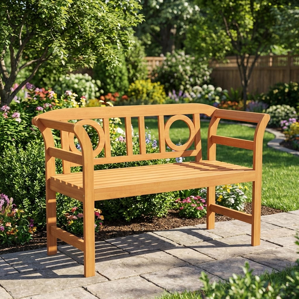 Image of Outdoor Loveseat Bench, Acacia Wood 2-person Garden Chair With Curved Armrests, Patio Wooden Slatted Seating Furniture For Backyard, Front Porch, Deck
