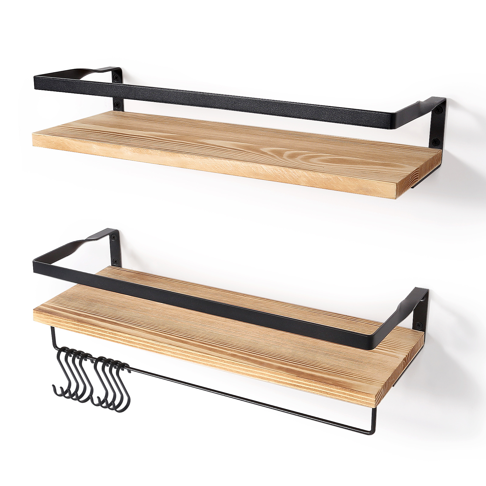 Image of Wooden Wall Shelf, 2pcs Set Wall Shelf, 42cm Wooden Floating Shelves With Towel Holder For Living Room, Kitchen, Office, Bathroom