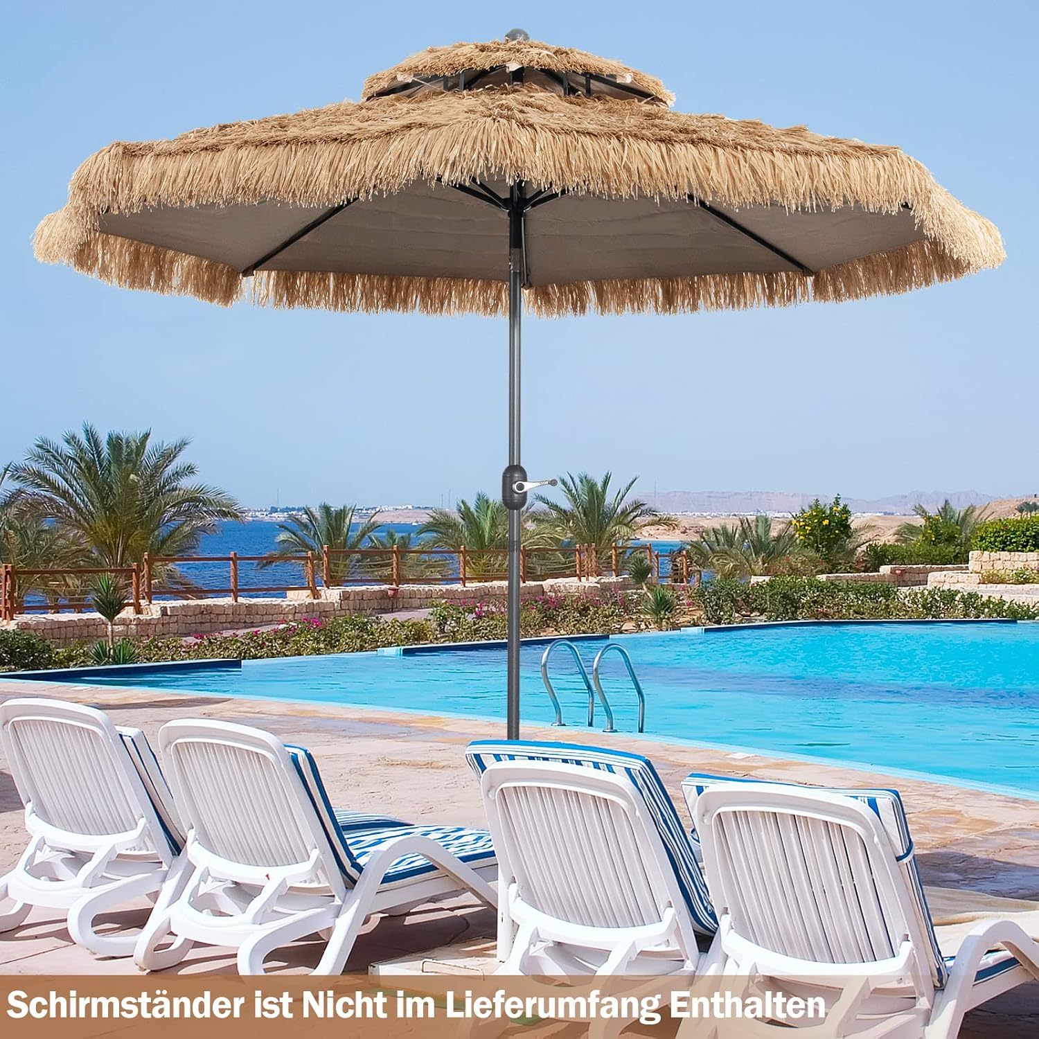 300 Cm Patio Thatched Umbrella, Outdoor Hawaiian Style Beach Umbrella Manual Crank