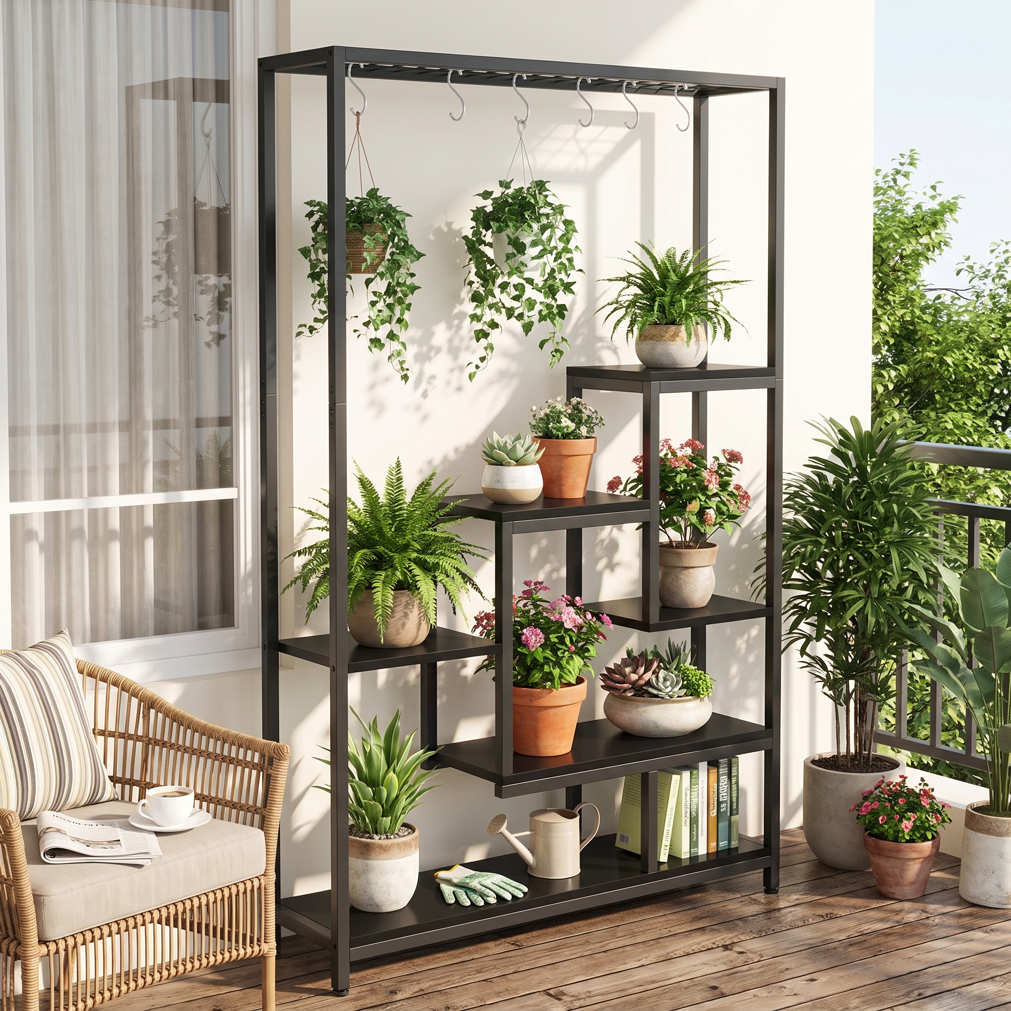 Image of Flower Stands, 5-tier Plant Rack With 10 S-hooks, 180cm High Metal Flower Stand For Indoor Balcony Floor Flower Ladder Living Room (black)