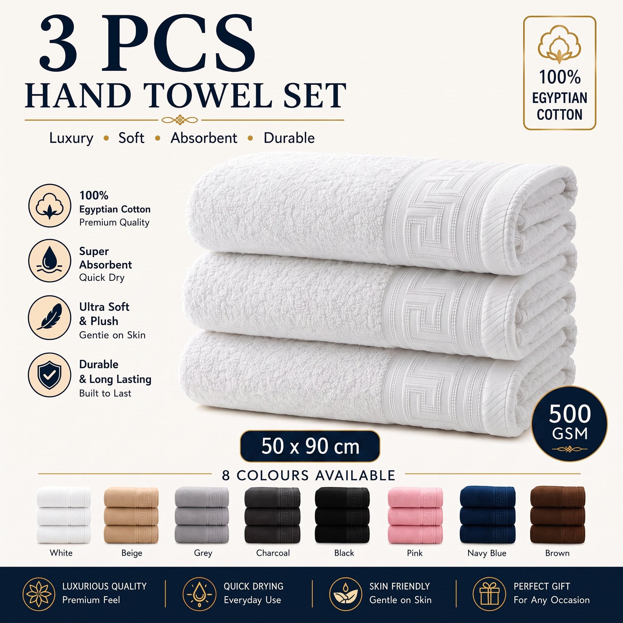 TEMU 3-piece Hand Towel Set – 500gsm Soft & Absorbent Hand Towels, Quick-drying Greek Pattern, , Machine Washable, 8 Elegant Colours