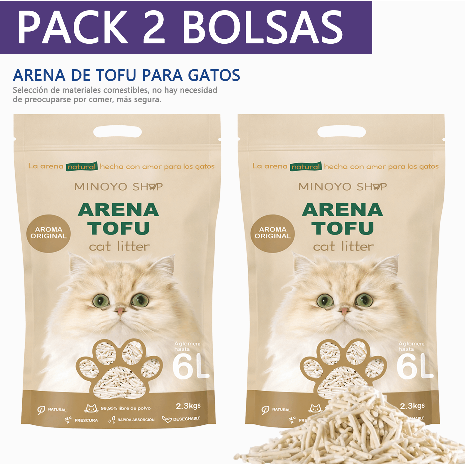 TEMU 2 Paquetes de Arena para Gatos con Tofu, 6L Uno, Fuerte Absorbencia, Fácil Compacidad, Desagotable, Sin Polvo, Múltiples Aromas Disponibles,