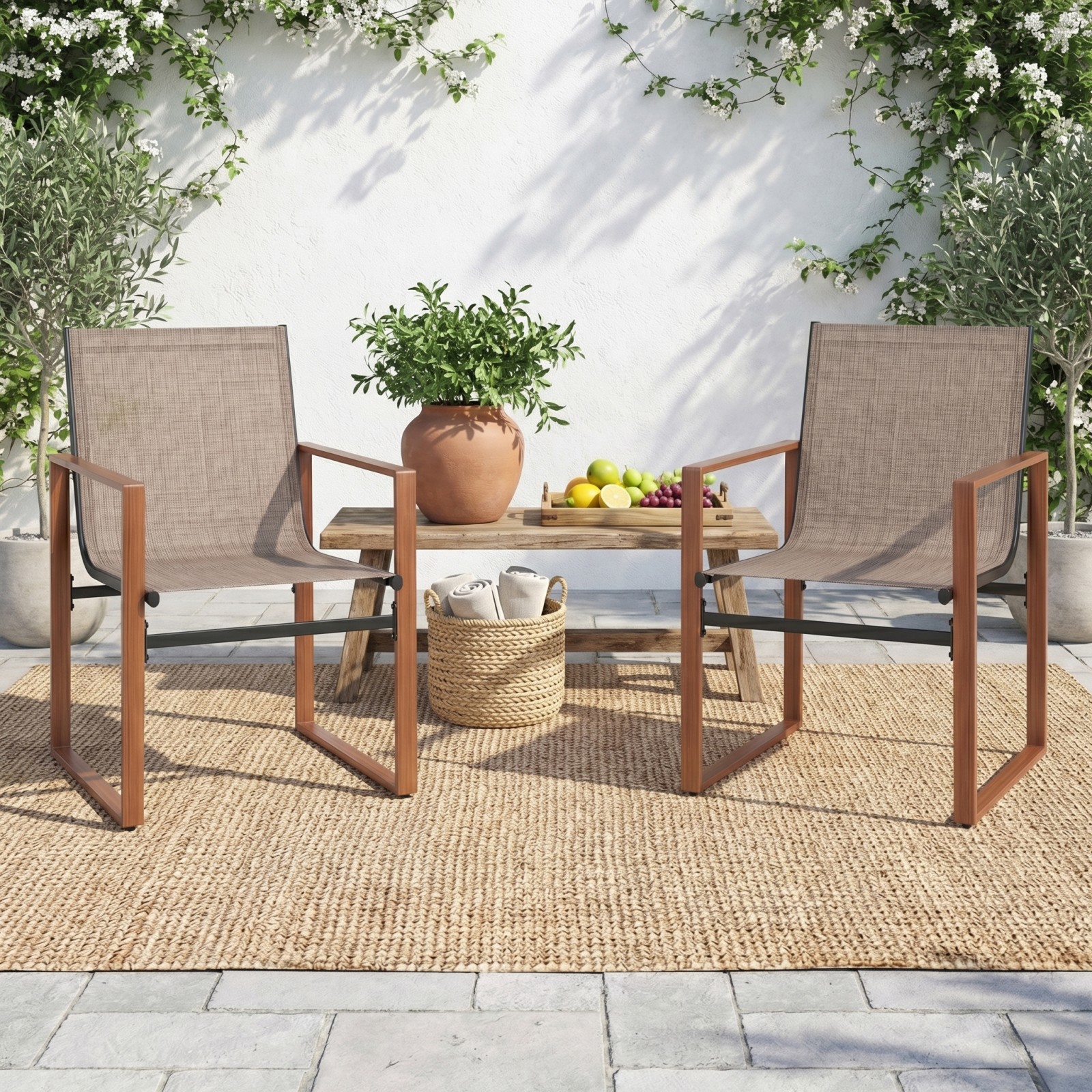 Image of Set Of 2 Outdoor Dining Chairs, Patio Chair With Backrest And Breathable Seat, Wide Armrests, Metal Frame