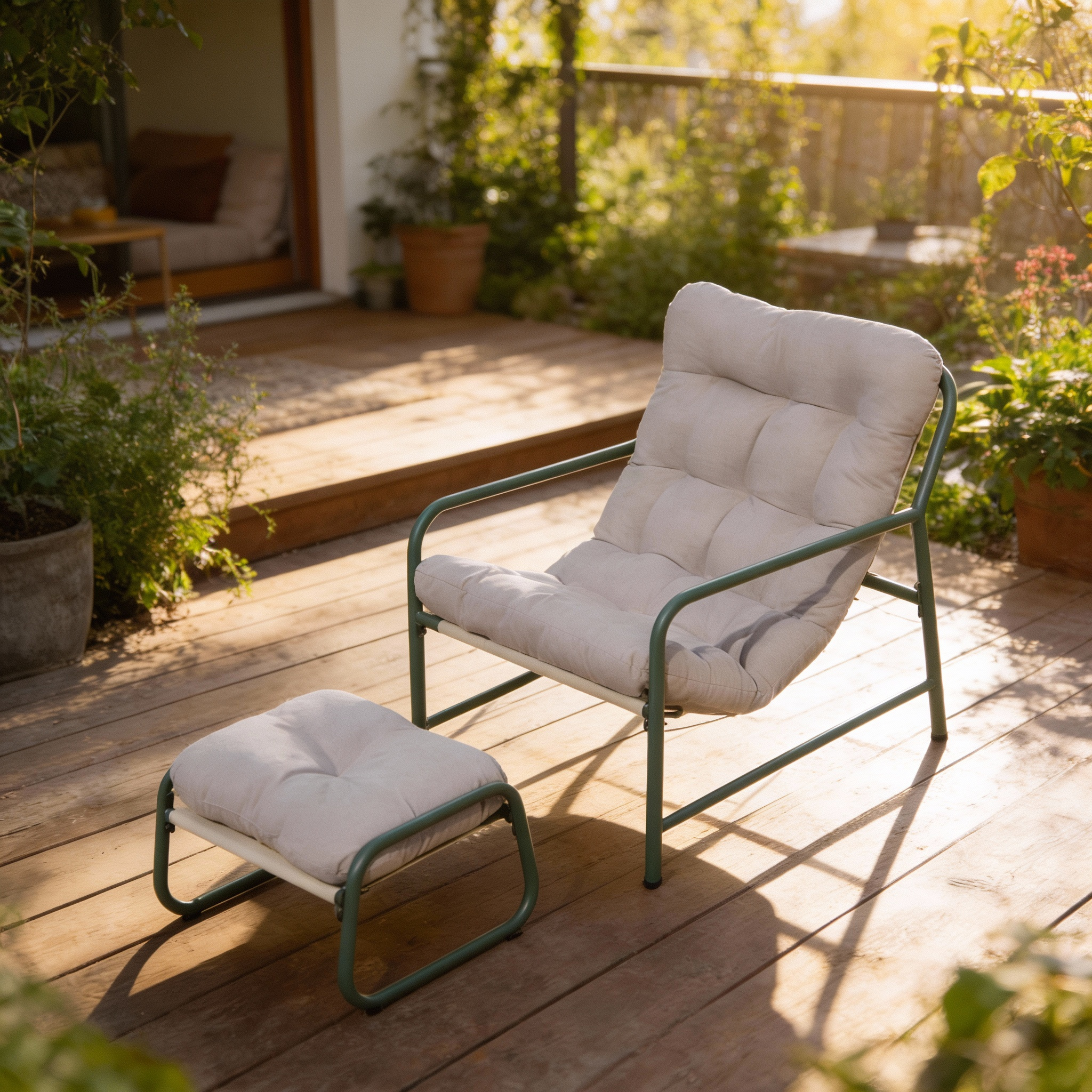 TEMU Sun Lounger Garden Reclining Lounge Chair With Footstool, Padded Cushion Relax Seat, Heavy Duty Metal Frame 350kg Capacity, Outdoor Patio Relax