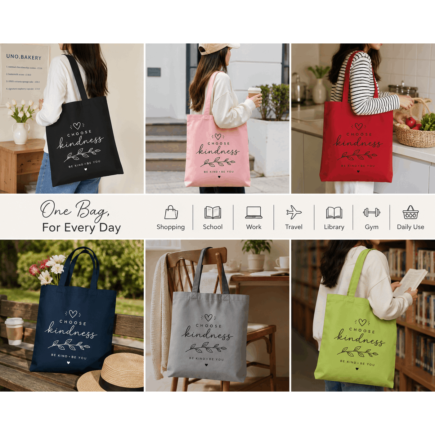 Cotton Canvas Tote Bag with Choose Kindness Print