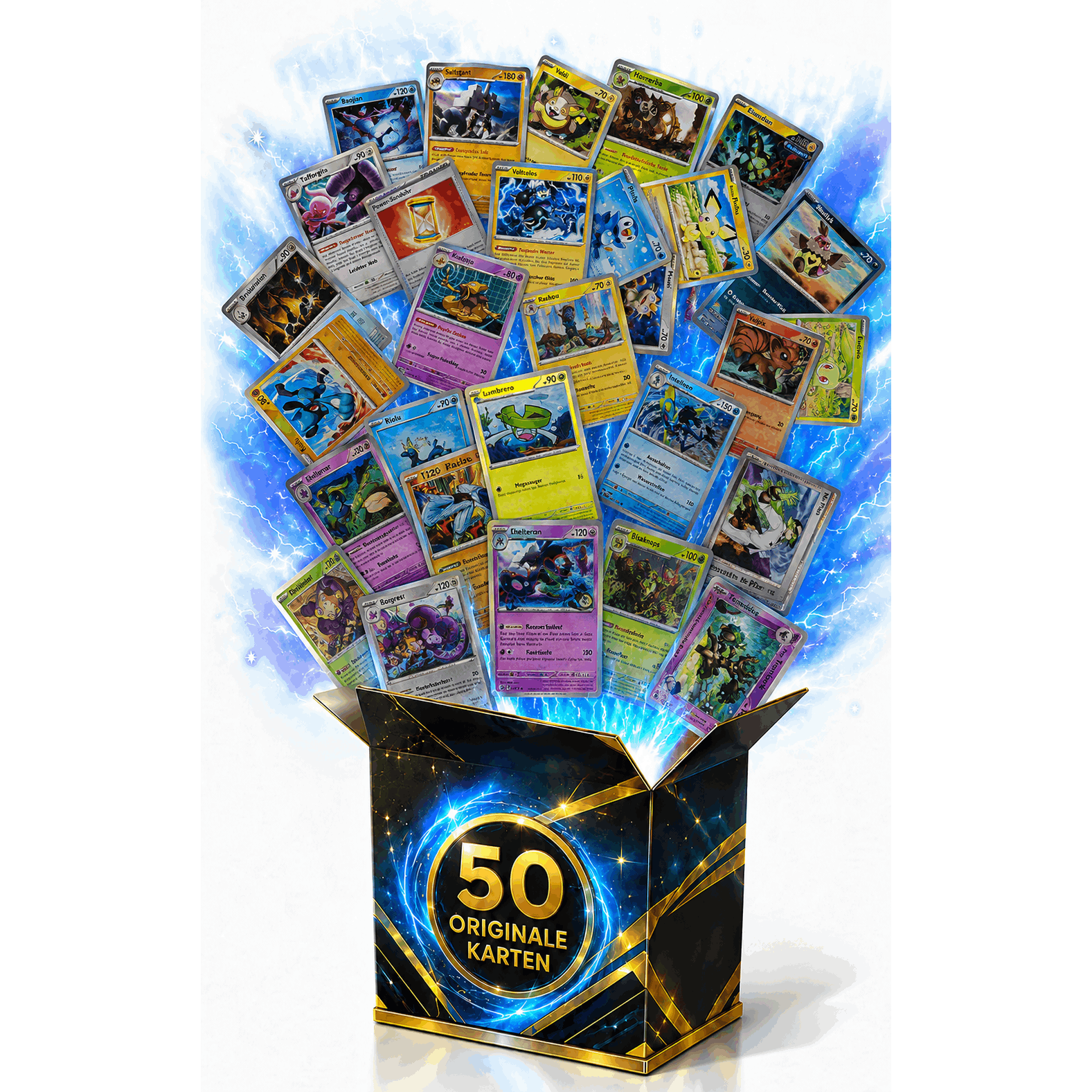 - 50 Original German Cards, Including 1 V/ex/gx And 5x /reverse Collector Cards As A Gift Box In A Mini Tin