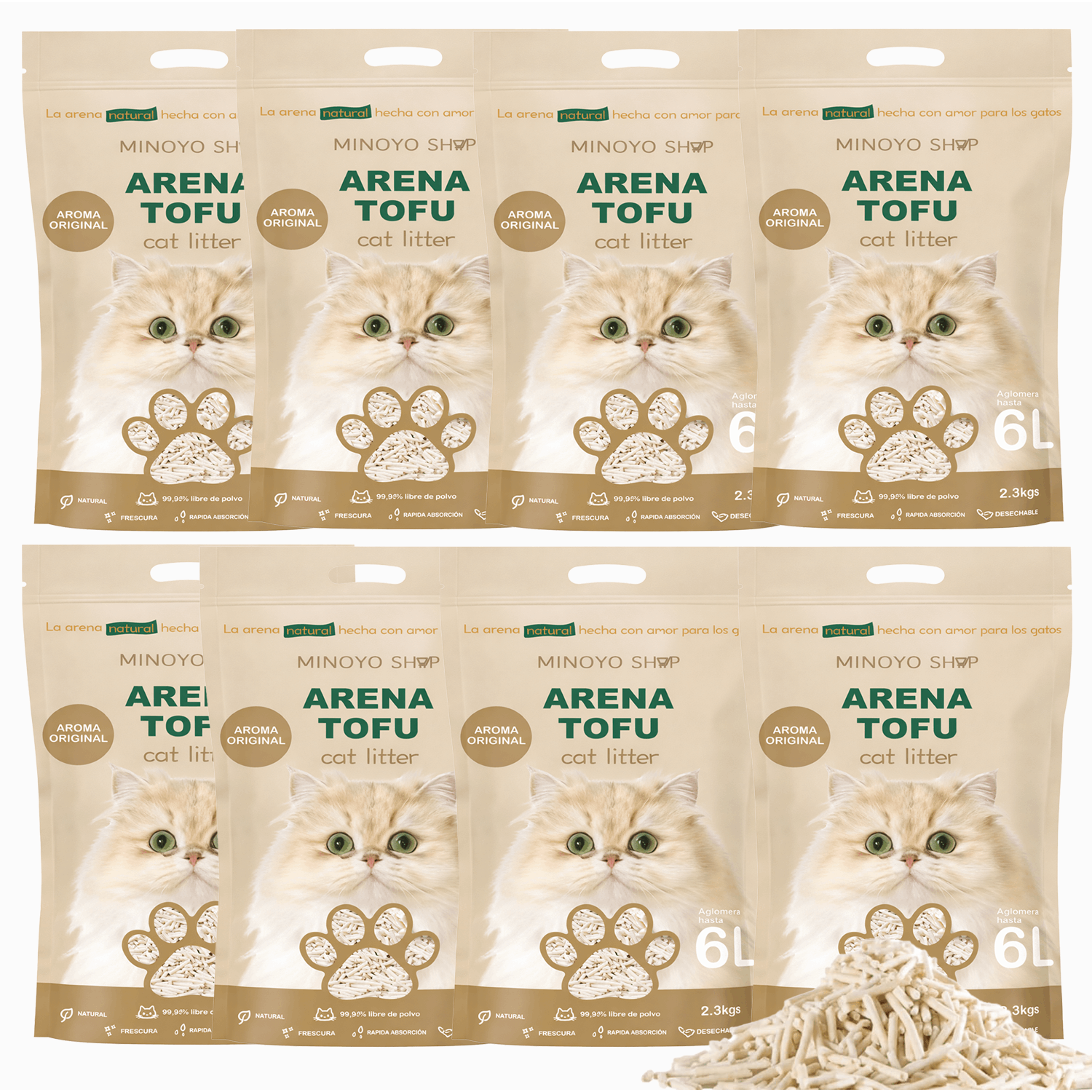 TEMU BPS Arena de Tofu para Gatos aglomera 6L Pack de 8 Bolsas- Sin Polvo Fácil de Aglomerar y Olores - Biodegradable y para Gatitos