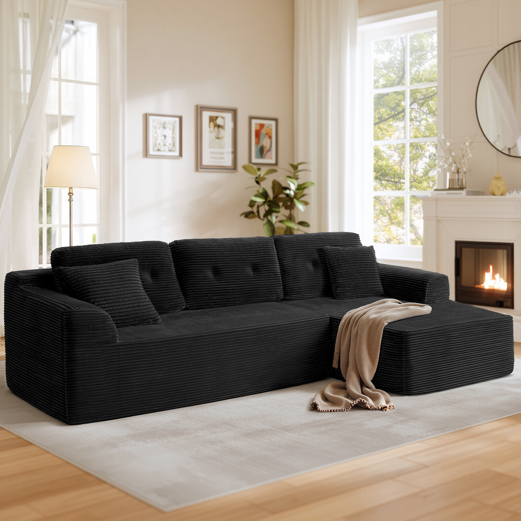 244cm Wide Corner Sofa, , Large Sofa Set, Vacuum-packed, Corduroy Fabric, Sleeper Sofa, No , With Large Chaise Longue, For Living Room, Apartment, Bedroom Or .