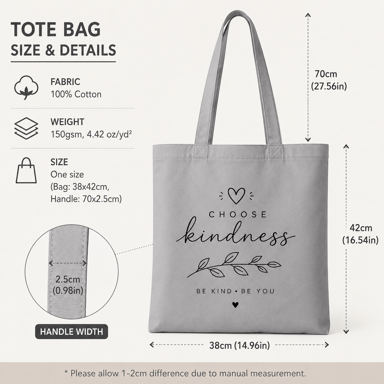 Cotton Canvas Tote Bag with Choose Kindness Print