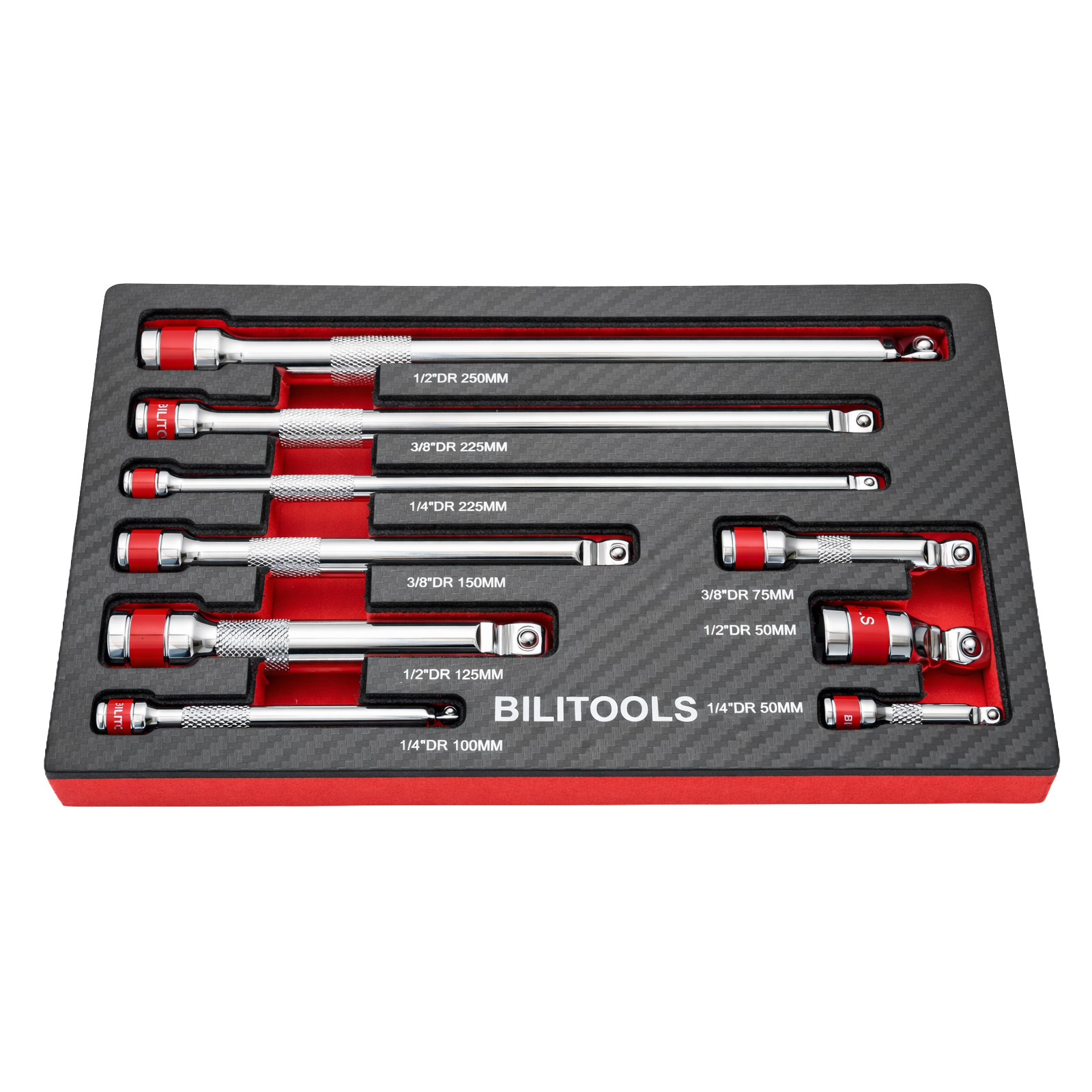 item picture wobble extension set featuring 1 4 3 8 and 1 2 impact drive ratchet extensions ideal for home and automotive repairs made from cr     flexible socket extension bars are perfect for tight spaces