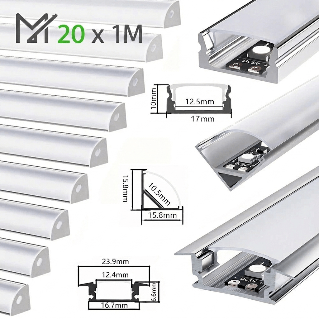 Led Aluminum Profile Set 1m (20-pack), Flush Mount / Corner Profile / Surface Mount Aluminum Rail With Cover For Led Strips, Light Bar For Kitchen & Cabinet