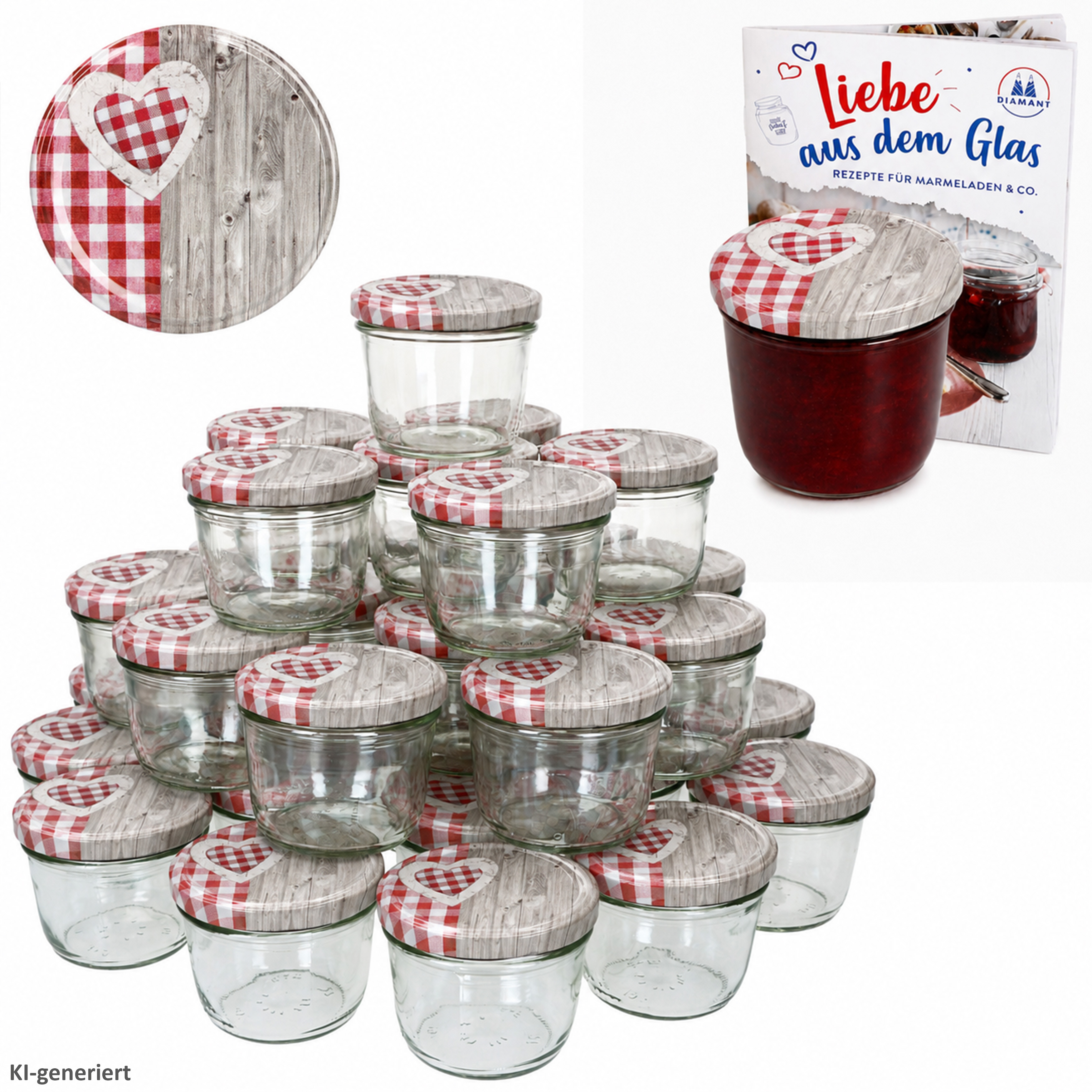 Image of 100-piece Set Of 230 Ml Falling Glass Jars / Wooden Heart Lid, Red, To 82, Including Recipe Booklet