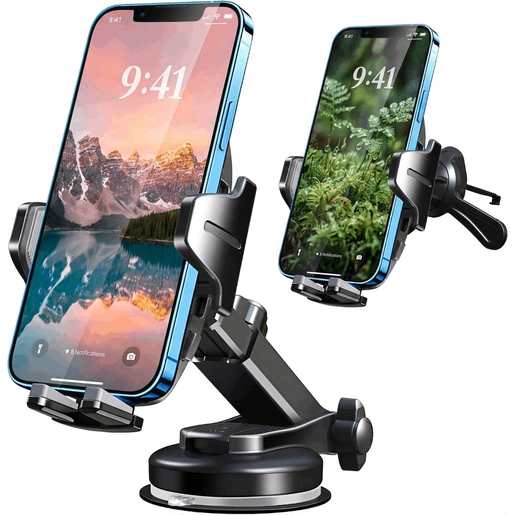 Image of 3-in-1 Car Phone Mount, Universal Car Phone Holder With Strong Suction Cup & Vent Clip, 360° Rotatable Extendable Telescopic Arm, Compatible With All Smartphones