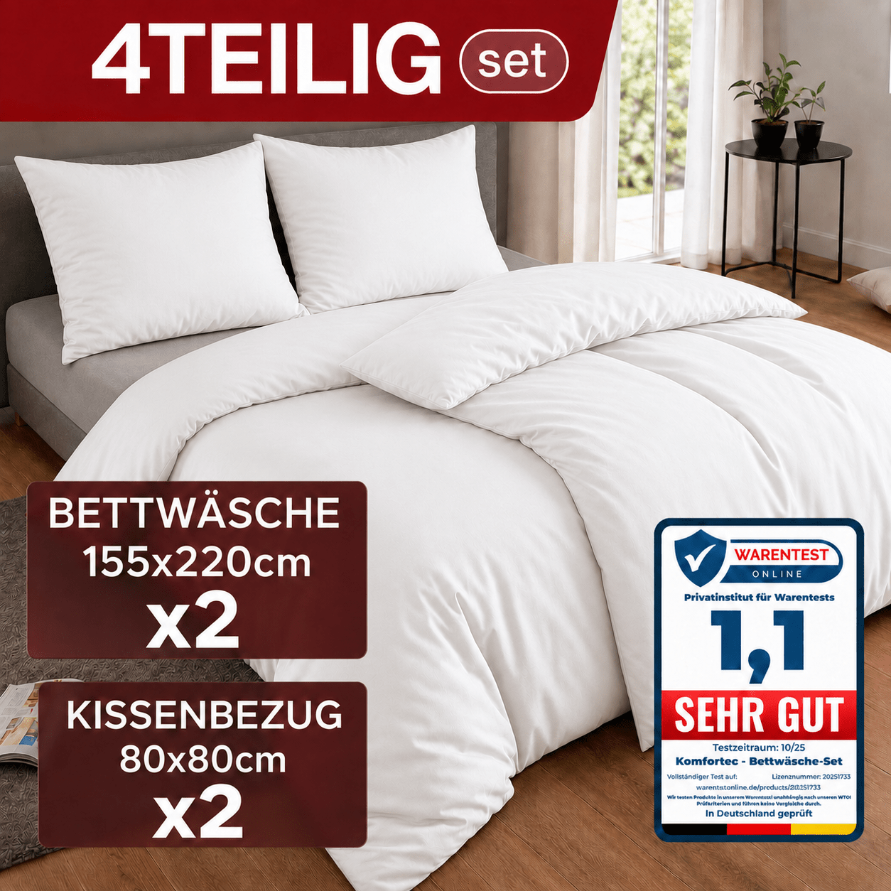 Microfiber Bedding Set 4pcs – 2 Duvet Covers 155x220 Cm With 2 Pillowcases 80x80 Cm And 40x80 Cm, Light, Breathable And Low-maintenance