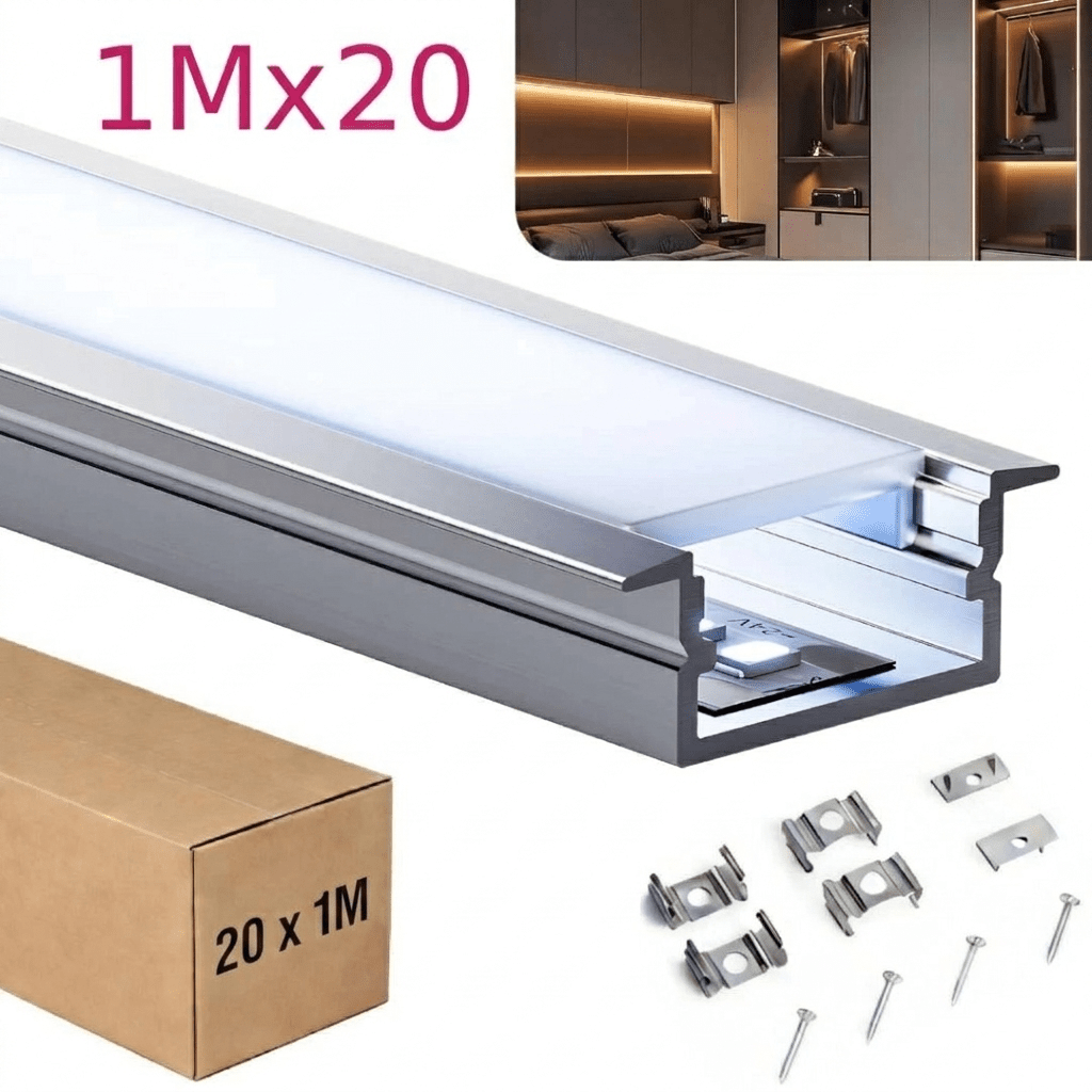 Image of 20-pack X 1m Led Aluminum Profile With Cover, Recessed Aluminum Profile Rail For Led Strips, Under-cabinet Lighting For Cabinet Kitchen, . Mounting Clips And Screws, 20m Complete Set