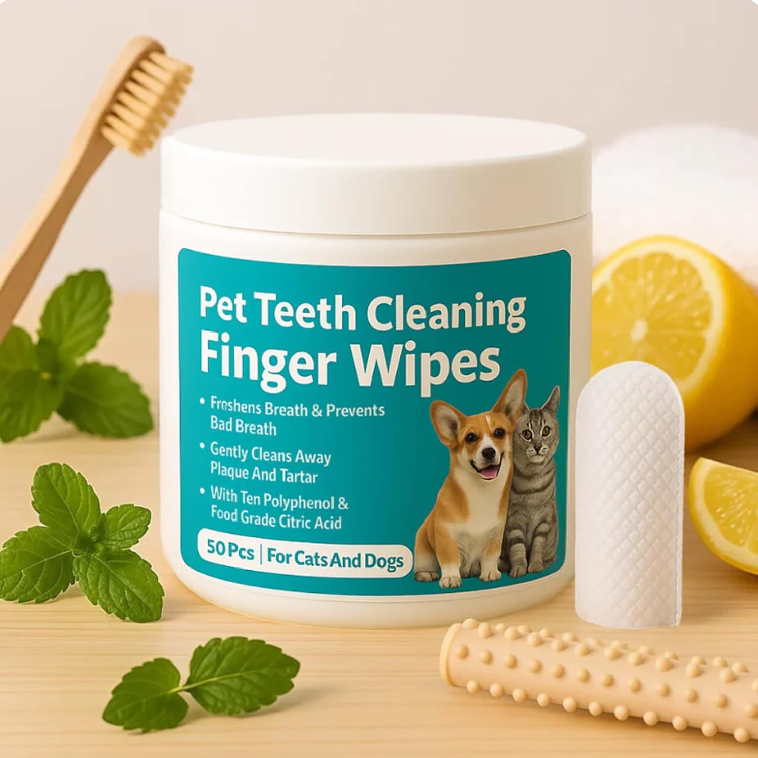 TEMU Toallitas de Dedos para Limpieza Dental de Perros y Gatos 50 unidades, Toallitas Húmedas para Cuidado Oral de Mascotas, Limpiador de Dientes y