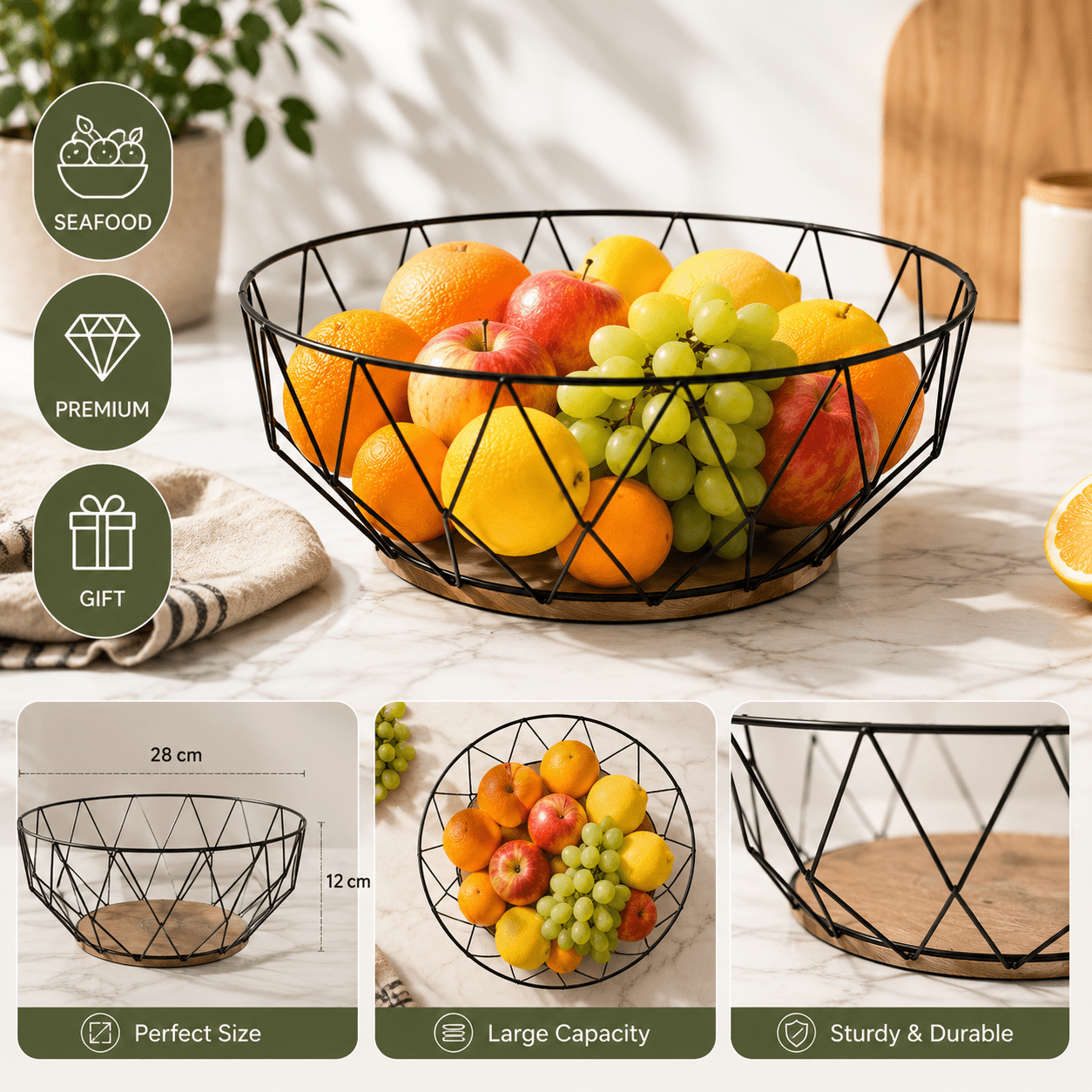 TEMU Cesto per frutta in metallo con design geometrico 28 cm �� Cesto portaoggetti per frutta, e pane con base legno