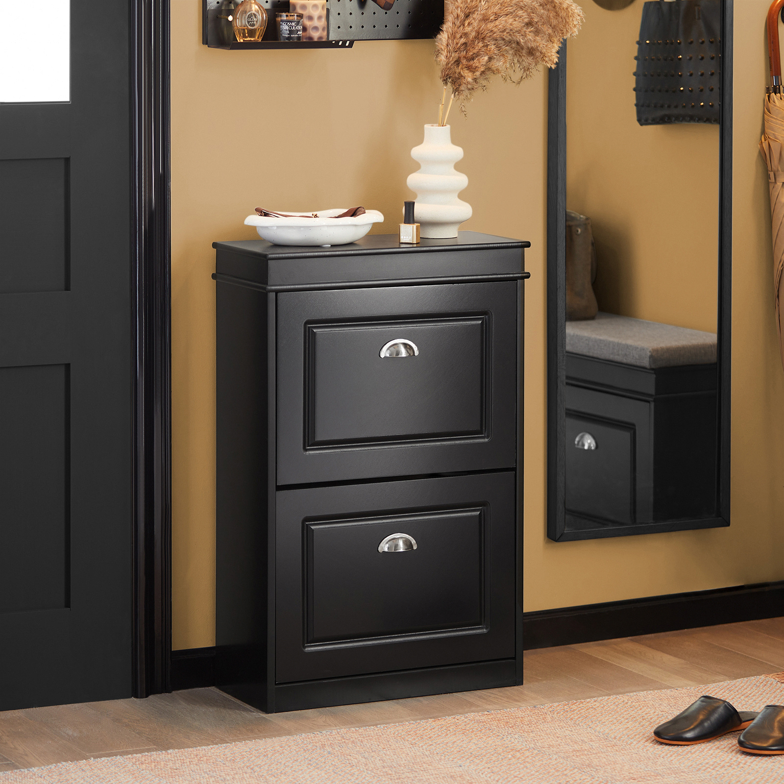 Image of Narrow Shoe Rack With 2 Flaps, 4 Adjustable Shelves, Shoe Storage For Hallway, Entrance Area, Floor-standing Shoe Cabinet With Tilt Protection, Black, 54x82x24cm, , Practical, And Stable.