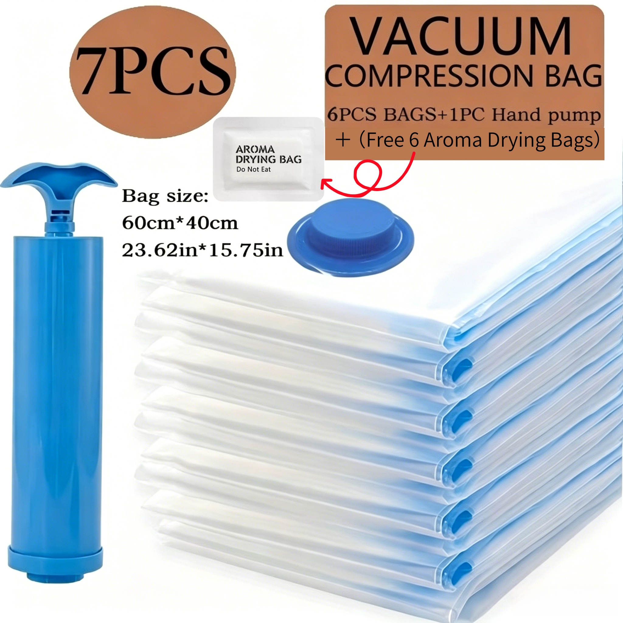 TEMU 7pcs Extra Large Vacuum Storage Bag Set (40x60cm With 1 Manual Pump) - Space Saving, Sealed Compression, Dustproof And Moistureproof, Suitable