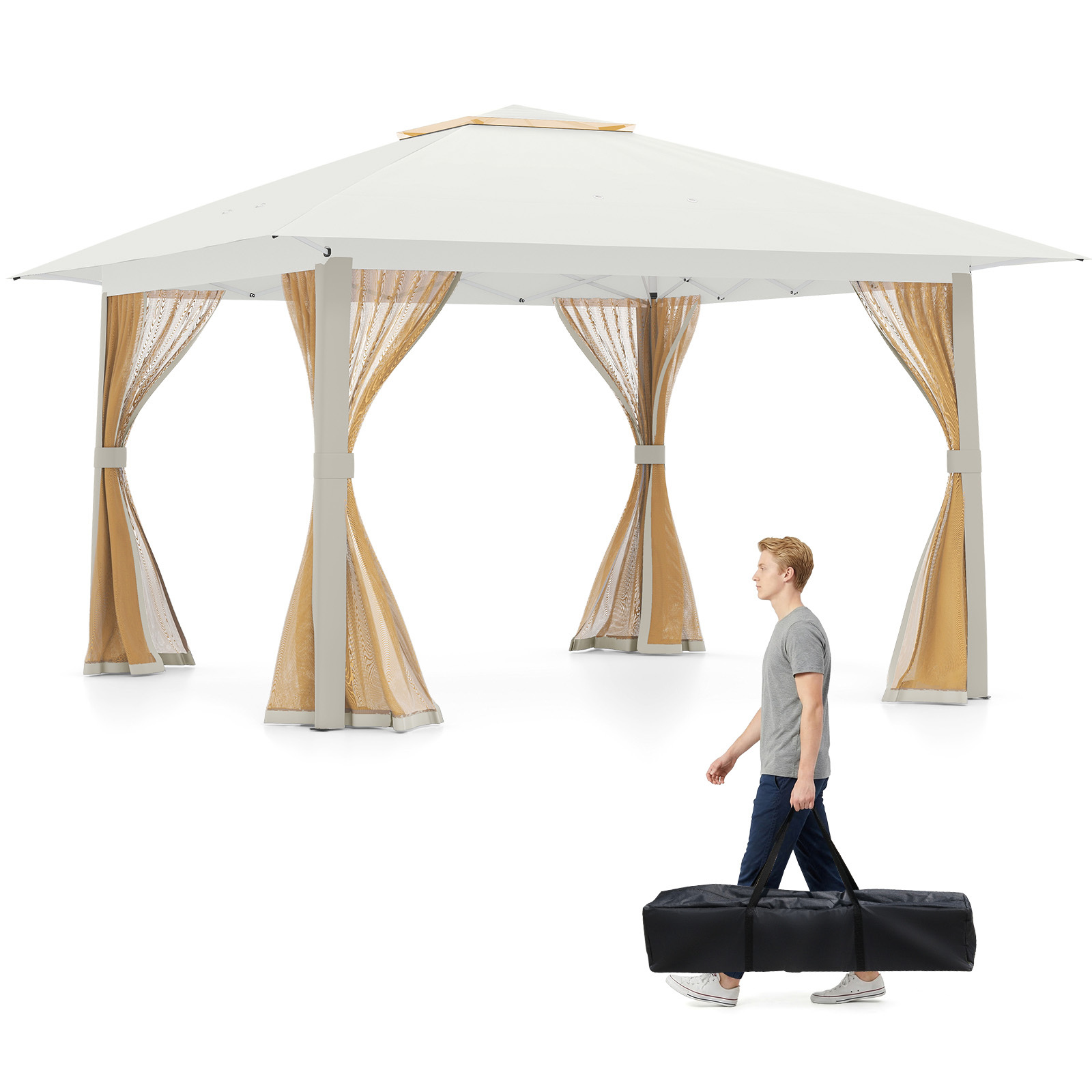 Pop Up Gazebo with Mesh Netting and Double Roof