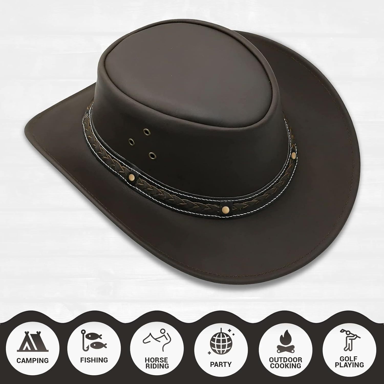 TEMU Leather Australian Western Cowboy Hat For Handcrafted Bush Style Wide Brim Outback Cowgirl Hat, Durable Hat For Outdoor Travel Rodeo Party Wear,