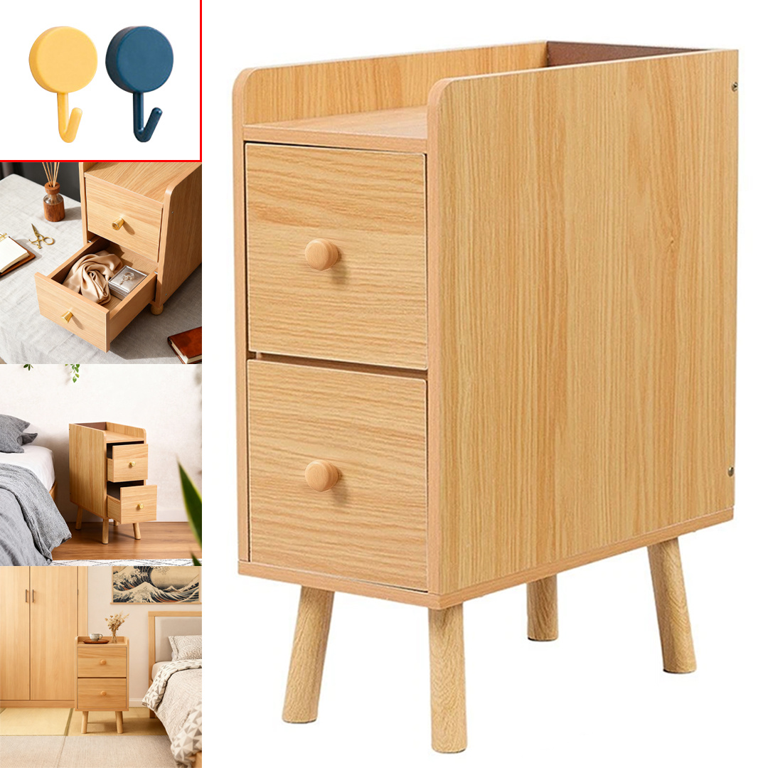 TEMU Wood Slim Bedside Table With Dual Drawers, Compact Minimalist Modern Shelf, Storage Cabinet Designed For Extremely Tight Spaces In The Bedroom