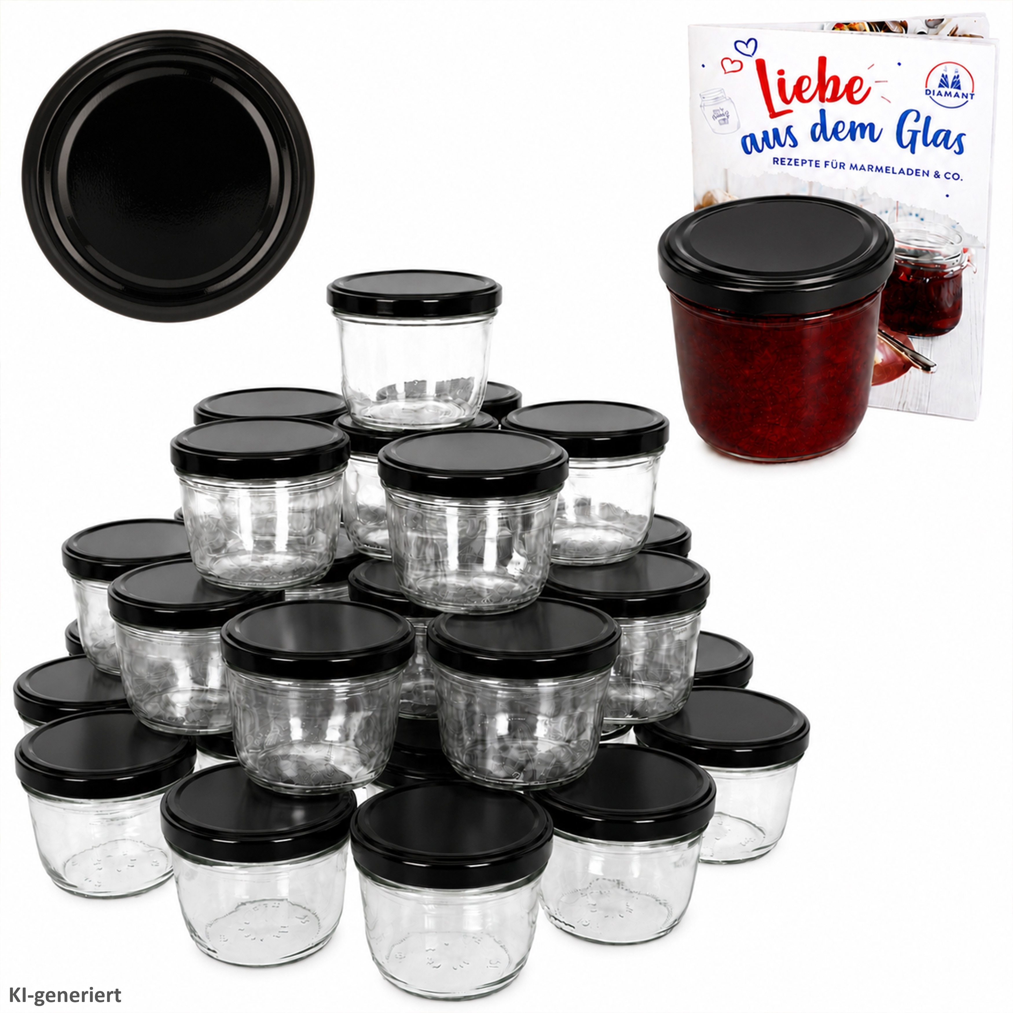 100-piece Set Of 230ml Jam Jars With Black Lids, To 82, Including Diamond Sugar And Jelly Booklet
