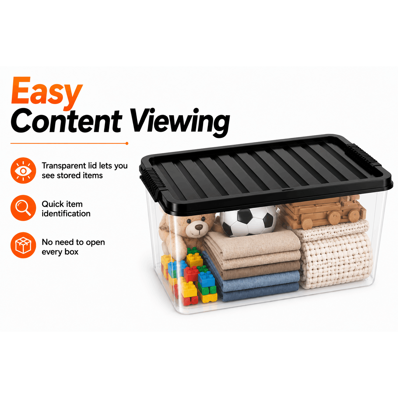 MANODU 50L Plastic Storage Boxes with Black Lids