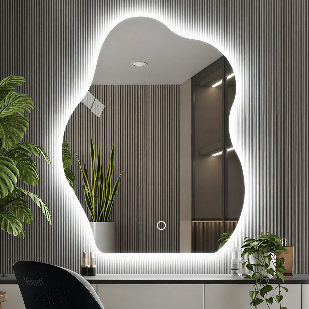 TEMU Shally Dogan Wavy Wall Mirror With 3-color Dimmable Led, Cold White, Warm, And , Touch Activation, Modern Space-saving Wall Decor, 50 X 70 Cm