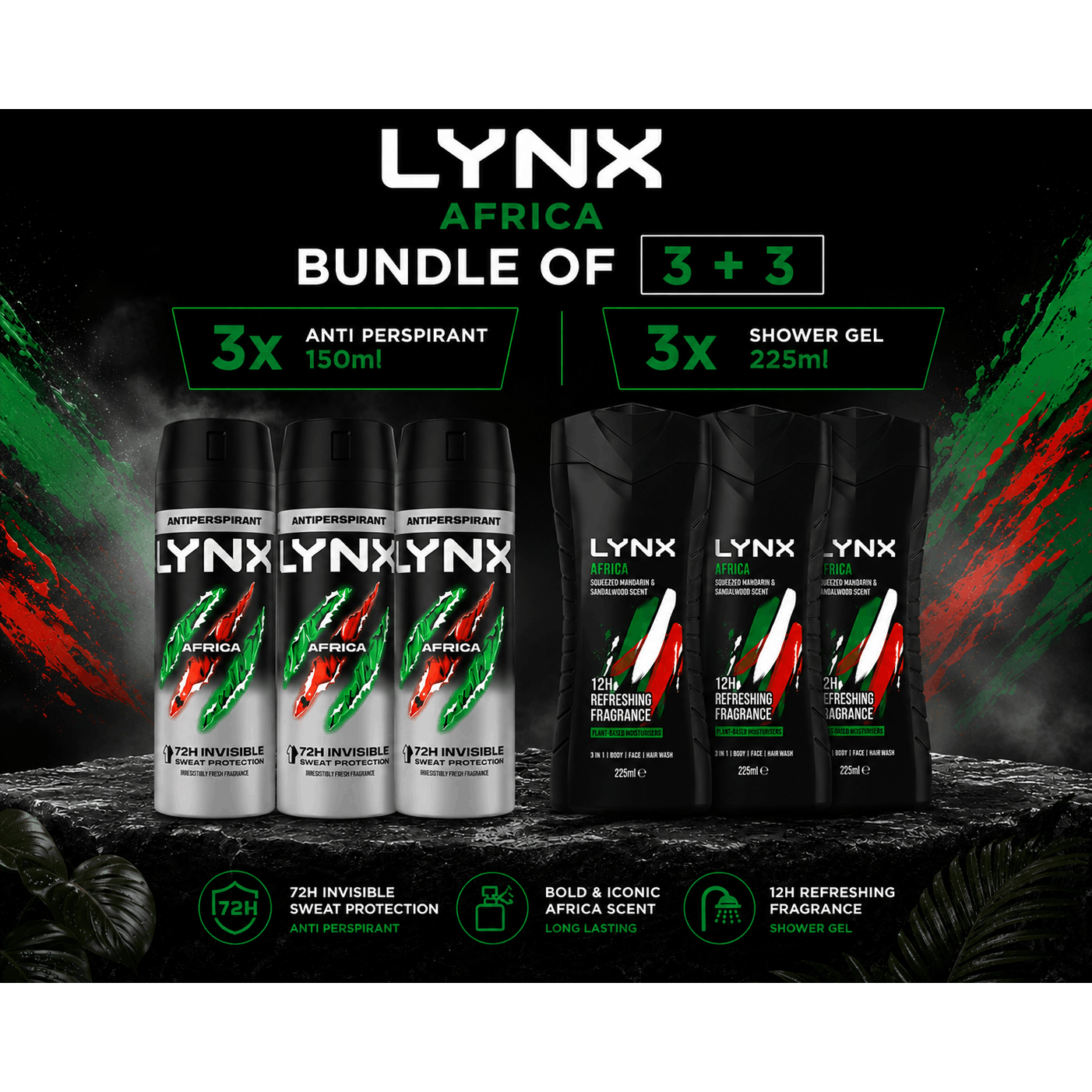 TEMU Lynx Africa 6 Pieces – 3 X Anti-perspirant Spray 150ml + 3 X Shower Gel 225ml | Long Fragrance Set
