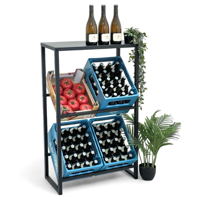 Beverage Crate Shelf For 4 Crates With Metal Storage, Narrow Beverage Crate Holder, Standing Beverage Crate Stand, Bottle Crate Shelf