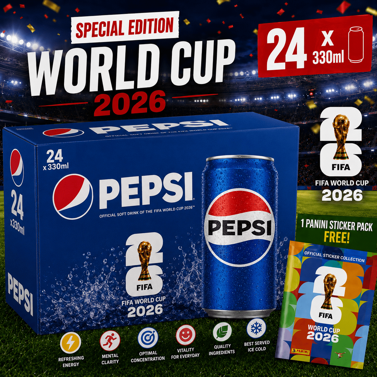 Image of Original 33cl World Cup Edition, 1 Panini Packet Of 7 Cards Offered - Refreshing Fizzy Drink - Intense Flavor