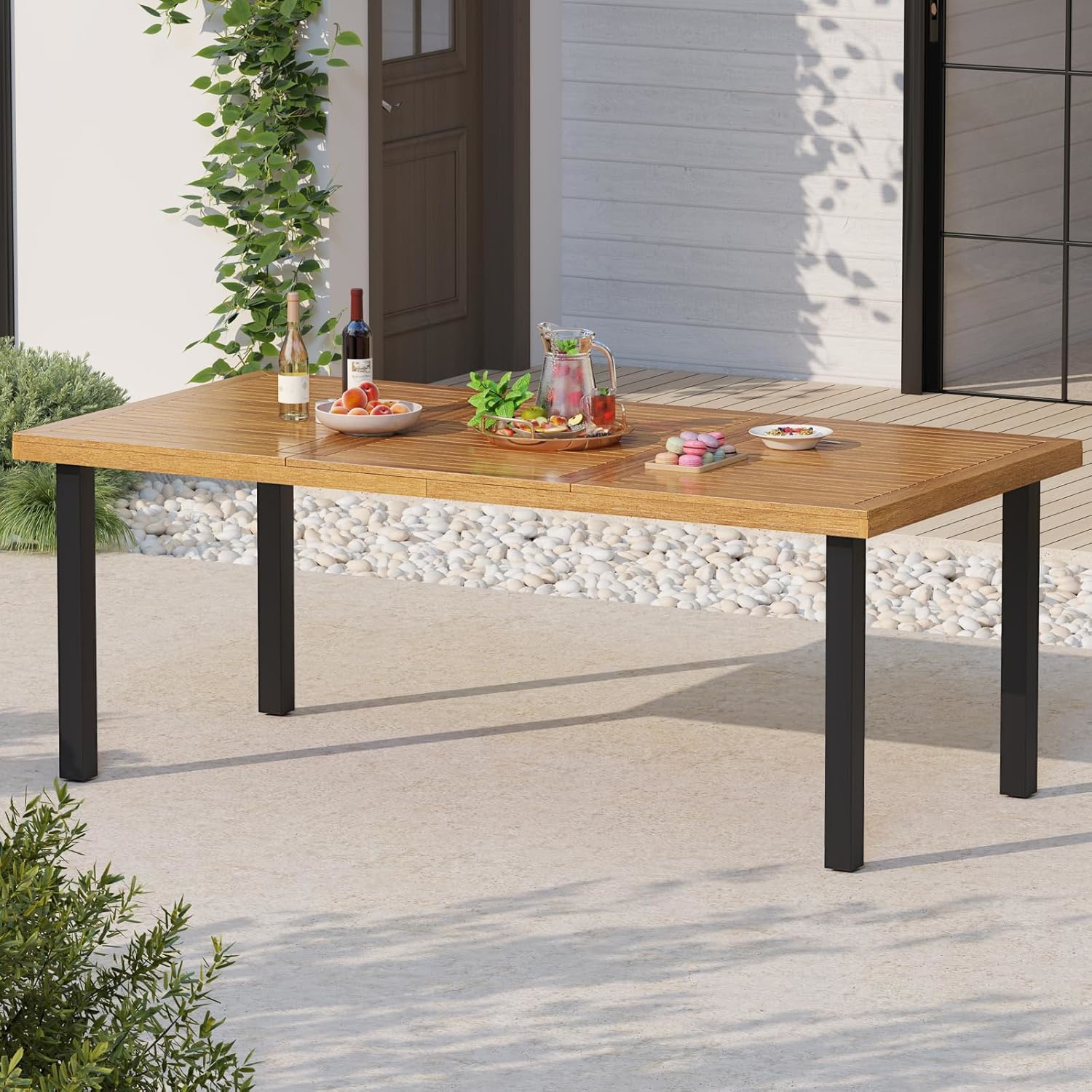 Image of Acacia Wood Garden Table, 200 X 100 Cm, Patio Table With 5 Cm Umbrella Hole, Rectangular Dining Table For 8 People, For Outdoor, Garden, Patio, Yard