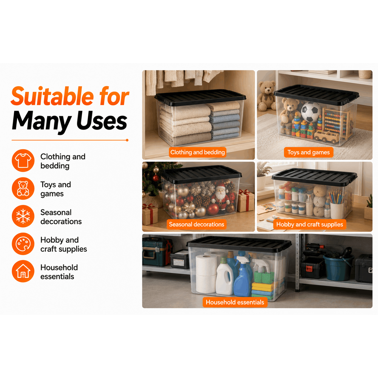 MANODU 50L Plastic Storage Boxes with Black Lids