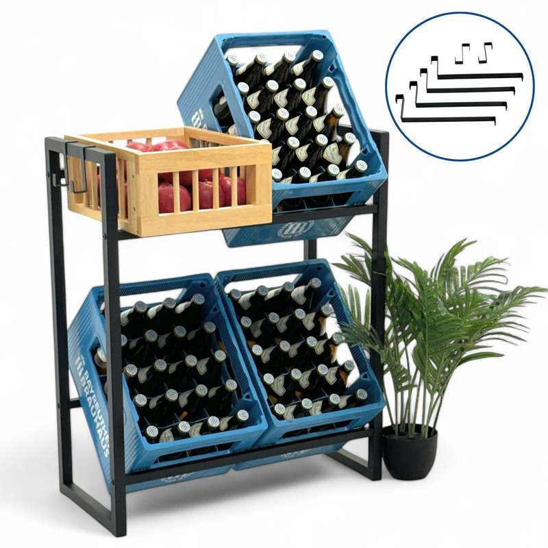 Black Metal Beverage Crate Shelf For 4 Crates Compact Beverage Shelf With Grid Hooks Crate Holder