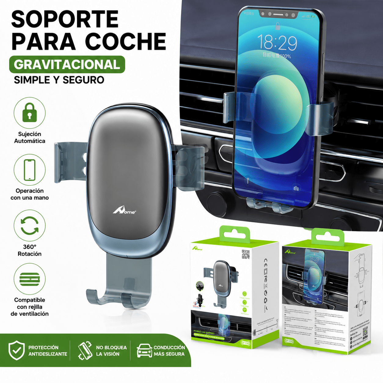 TEMU Soporte para Móvil de Coche, Clip para Rejilla de Aire, Ajuste Automático por , Rotación 360°, Compatible con iPhone y