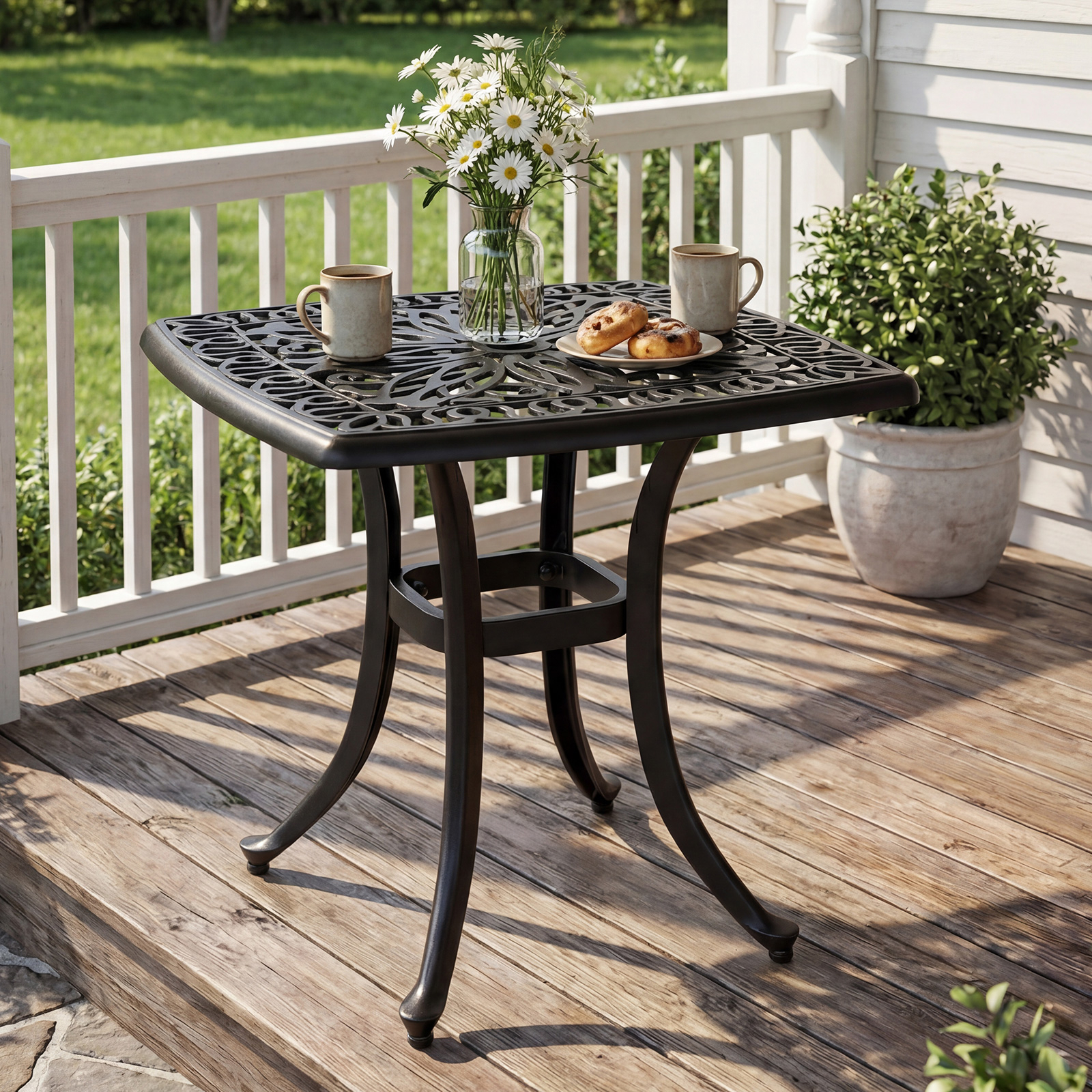 Patio Side Table, Outdoor Square Cast Aluminum Bistro Table With Umbrella Hole, Hollow-carved Floral Pattern, Small Outdoor Coffee Table