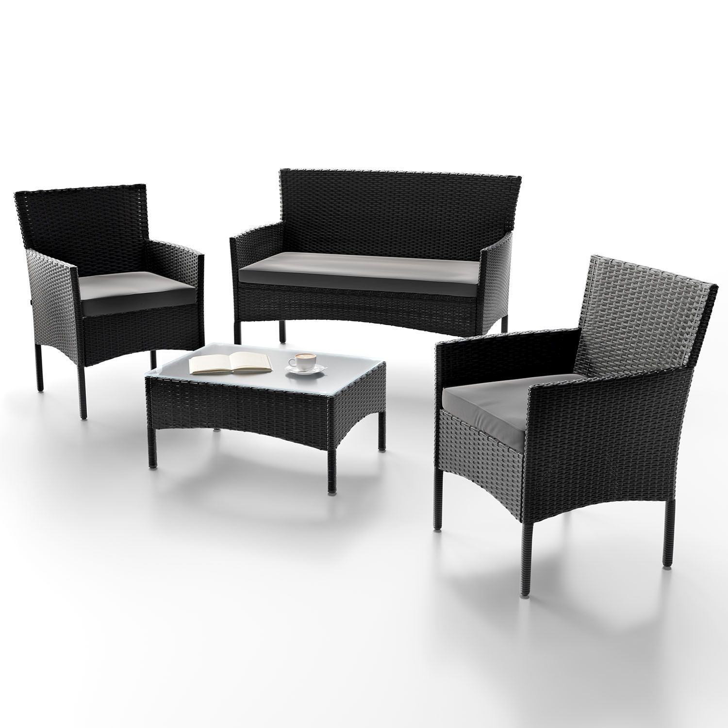 Image of Polyrattan Seating Group For With 2-seater Sofa, 2 Chairs, Table & Seat Cushions Weather-resistant Black/grey Cream Balcony Furniture Garden Furniture Set