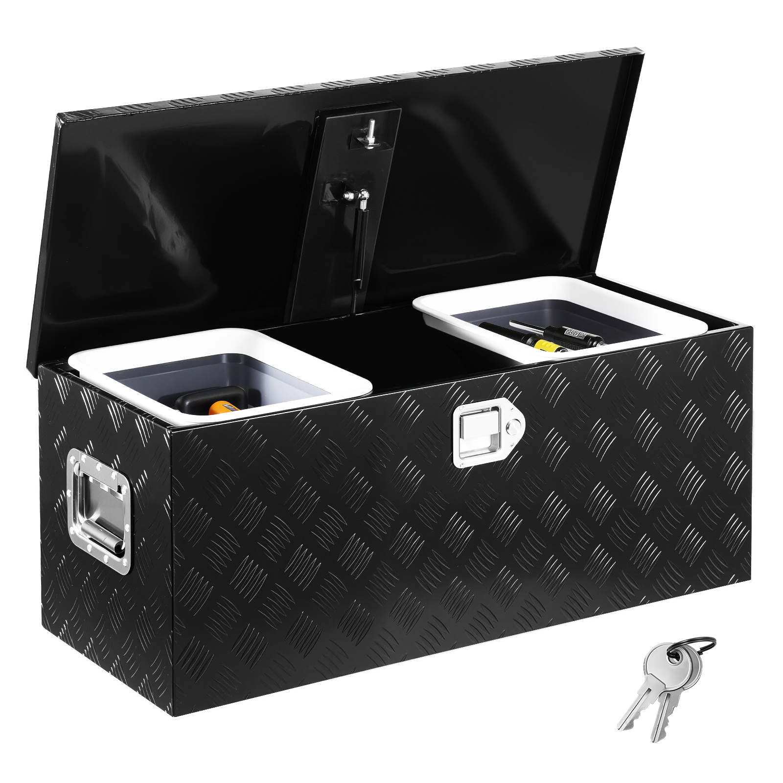 Image of Vevor Heavy Duty Aluminum Truck Bed Tool Box, Stripes Plated Tool Box With Sliding Shelf, Side Handle, Lock & Keys, Storage Toolbox Chest For Trailer, Pickup, 35.4"x14.6"x14.6" (899x370x370mm), Black