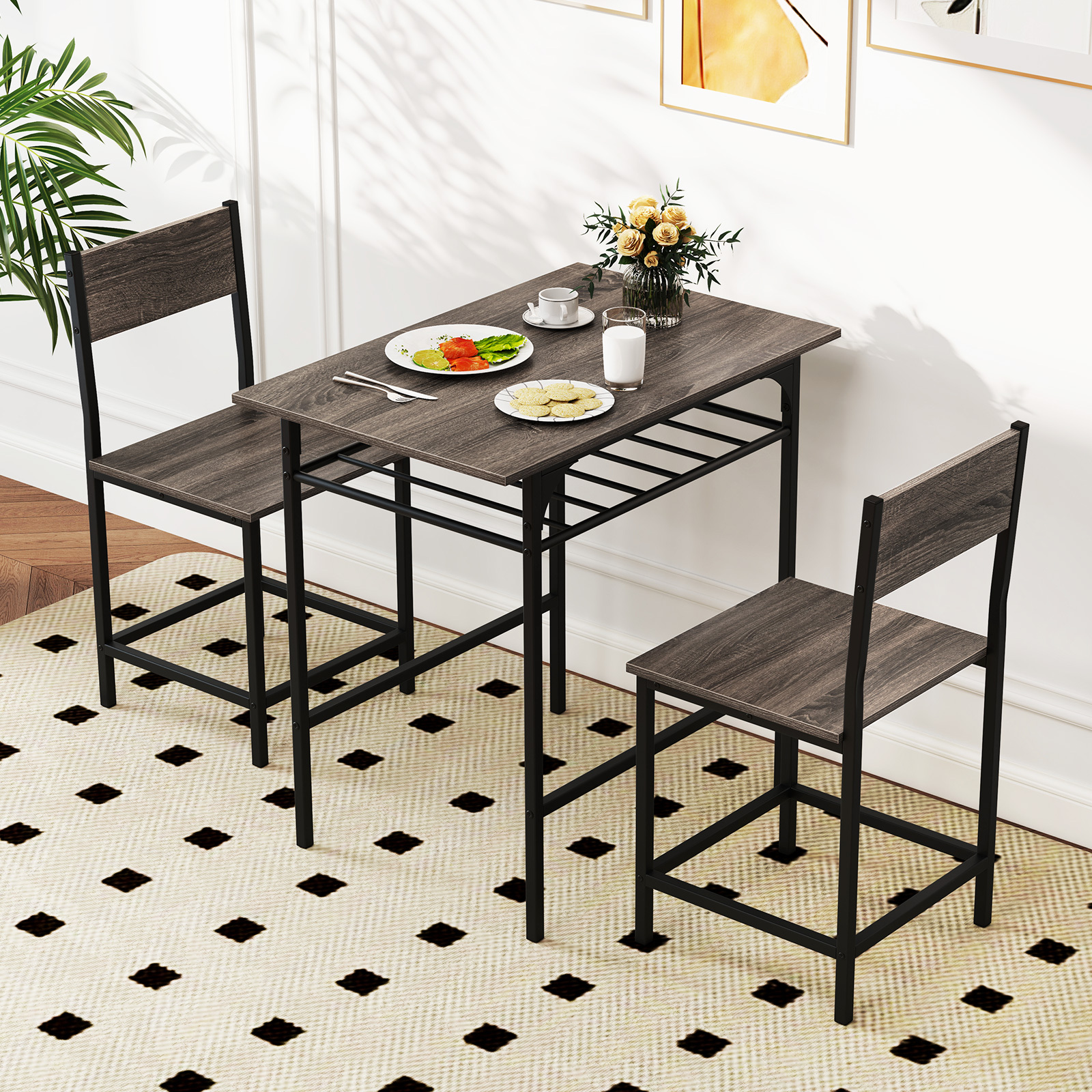 Dining Table Set For 2, 3-piece Wood Rectangular Table & Chair Set W/ Metal Frame, Storage Rack, Space- Dinette Set For , Kitchen Dining Room Furniture For Small Places