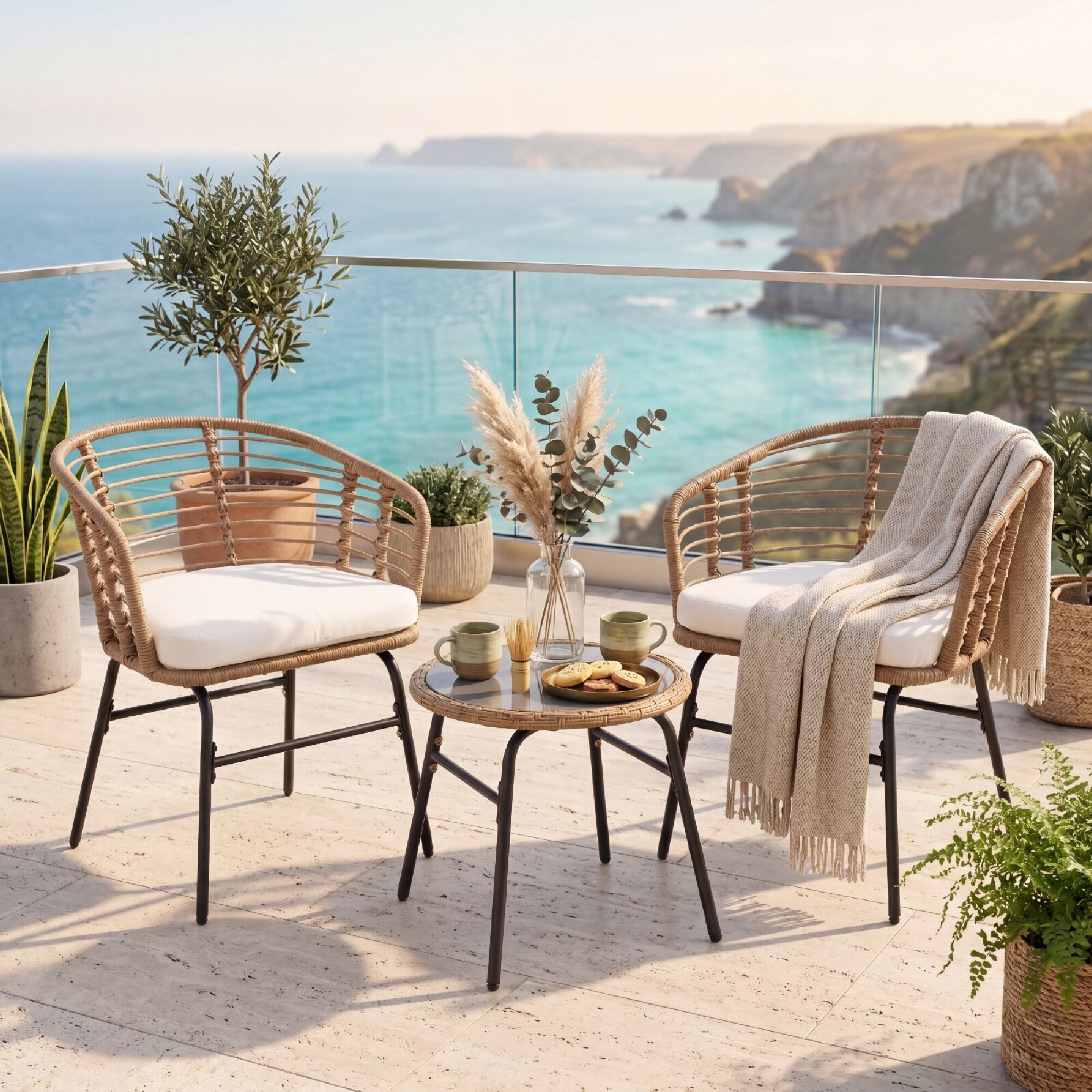 3-piece Set, 2 Armchairs And Coffee Table, Tempered Glass Top, Removable Cushions, Outdoor Wicker Conversation Set